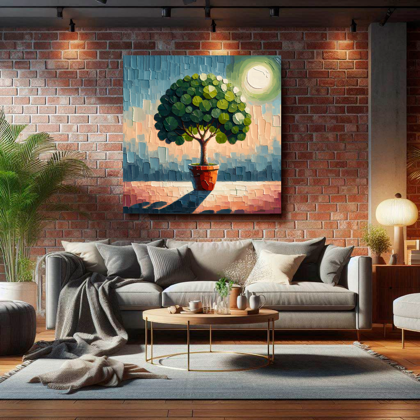 Large square canvas featuring a Fig Tree. Mounted on a brick wall above a grey sofa with decorative pillows.