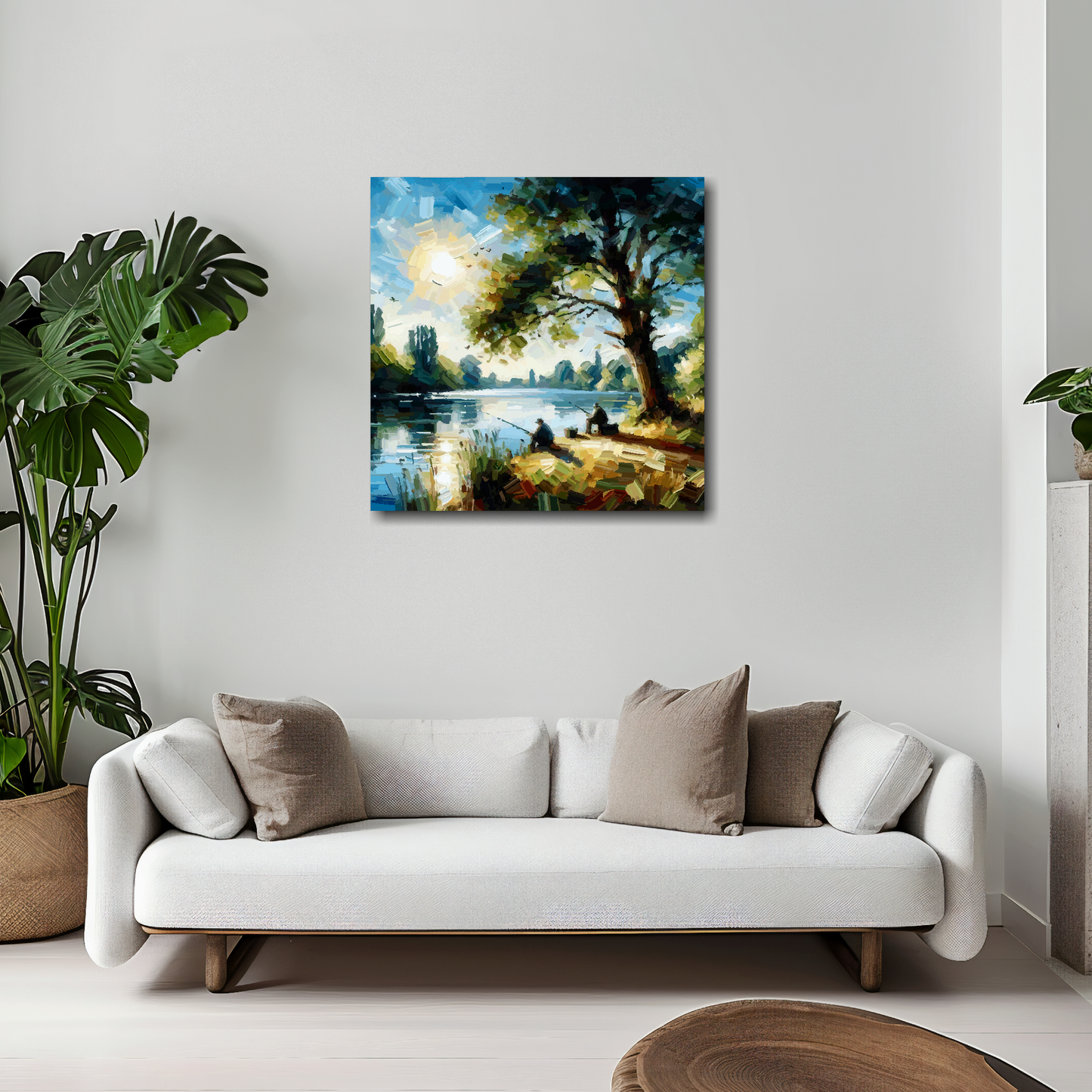 20 inch by 20 inch square canvas featuring two anglers beside a traquil lake. Mounted on a white wall above a white sofa with decorative pillows.