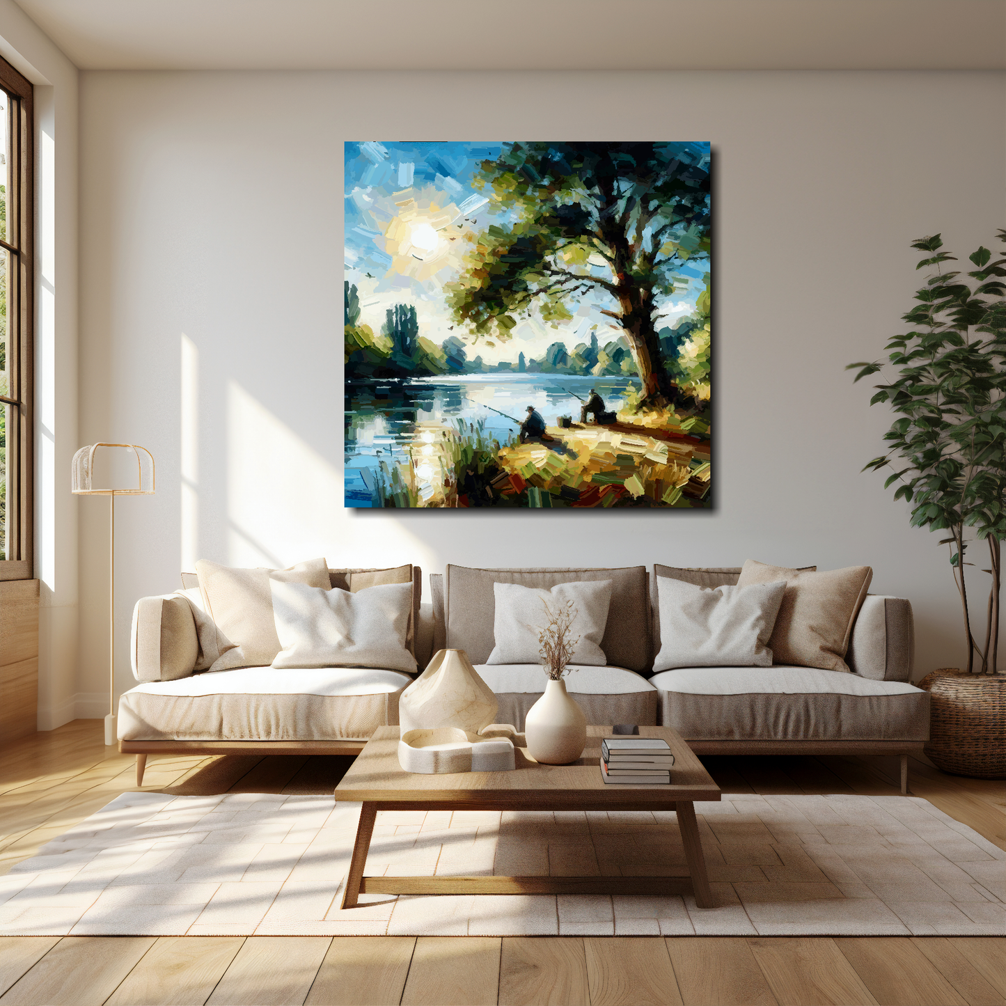 40 inch by 40 inch square canvas featuring two anglers beside a traquil lake. Mounted on a cream wall above a cream sofa with decorative pillows.