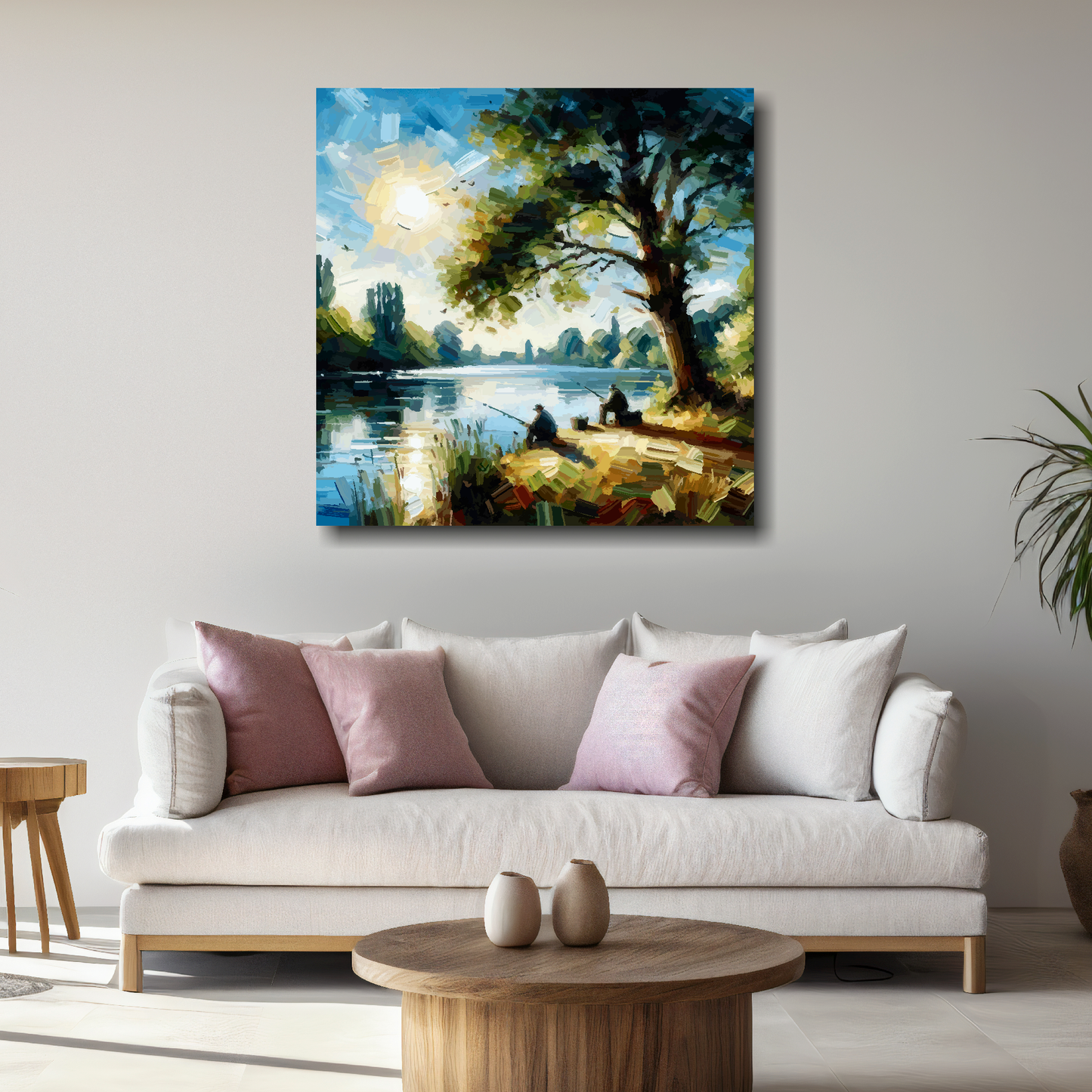 Square XL canvas featuring two anglers beside a traquil lake. Mounted on a white wall above a white sofa with decorative pillows.