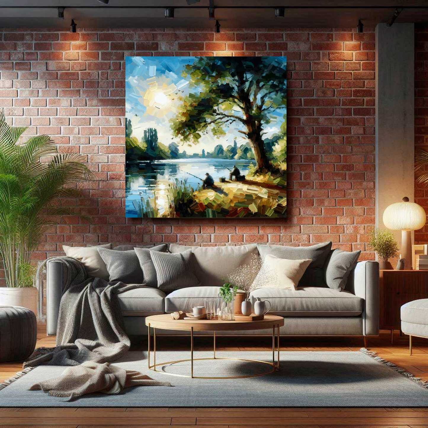 Large square canvas featuring two anglers beside a traquil lake. Mounted on a brick wall above a grey sofa with decorative pillows.
