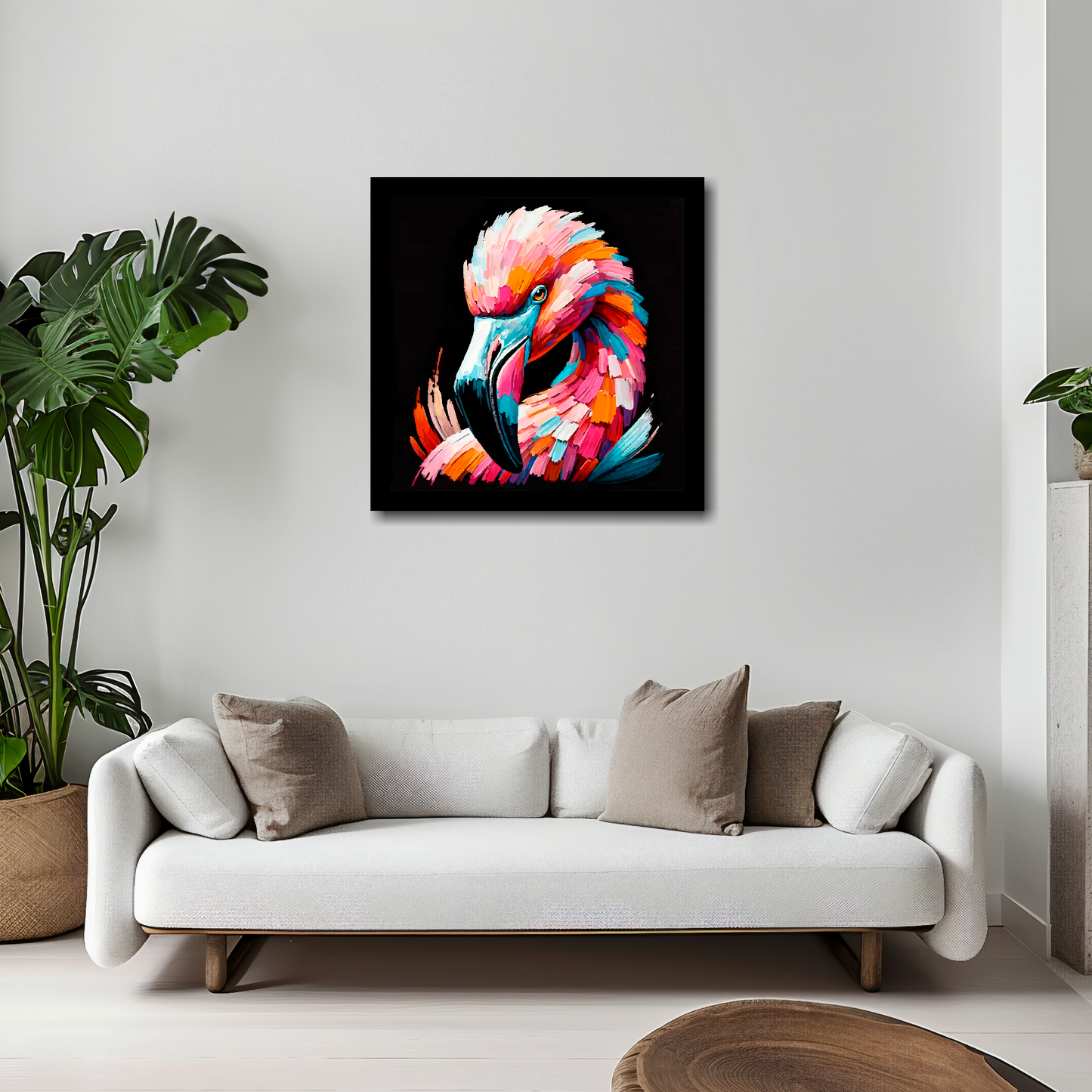 20 inch by 20 inch square canvas of a colourful Flamingo portrait on a black background. Mounted on a white wall above a white sofa with decorative pillows.
