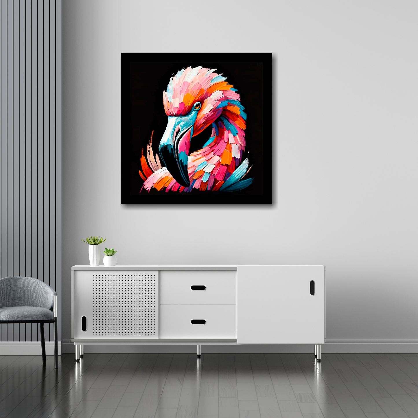 30 inch by 30 inch square canvas of a colourful Flamingo portrait on a black background. Mounted on a white wall above a white sideboard.