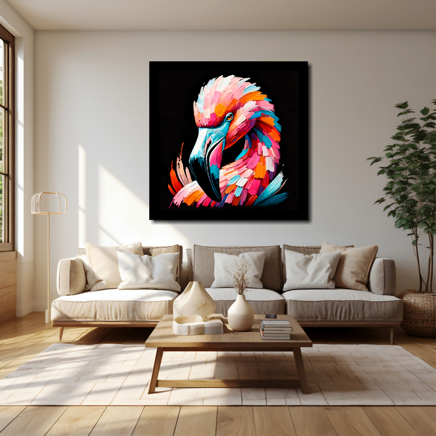 40 inch by 40 inch square canvas of a colourful Flamingo portrait on a black background. Mounted on a white wall above a cream sofa with decorative pillows.