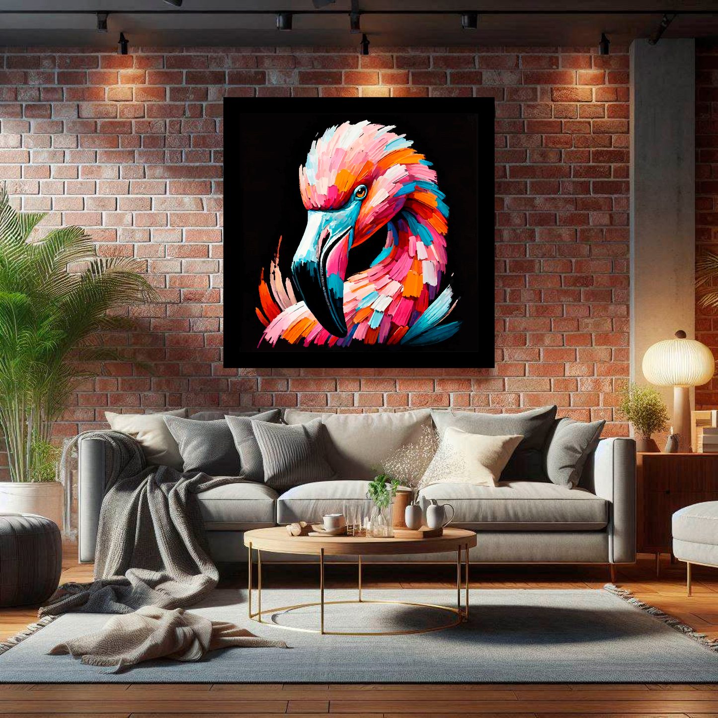 Large canvas wall art - A vibrant multi-coloured head portrait of a Flamingo. Available in 3 large sizes.