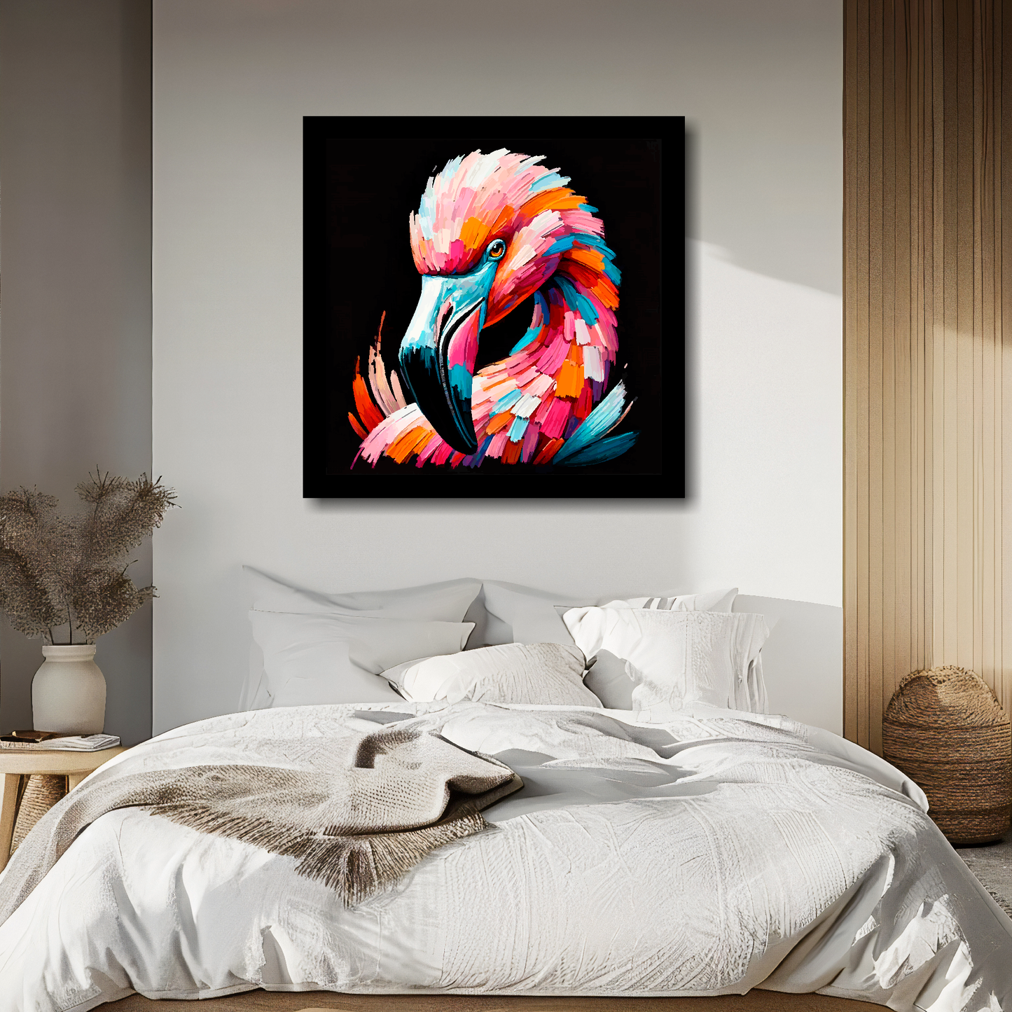 Large canvas wall art - A vibrant multi-coloured head portrait of a Flamingo. Available in 3 large sizes.