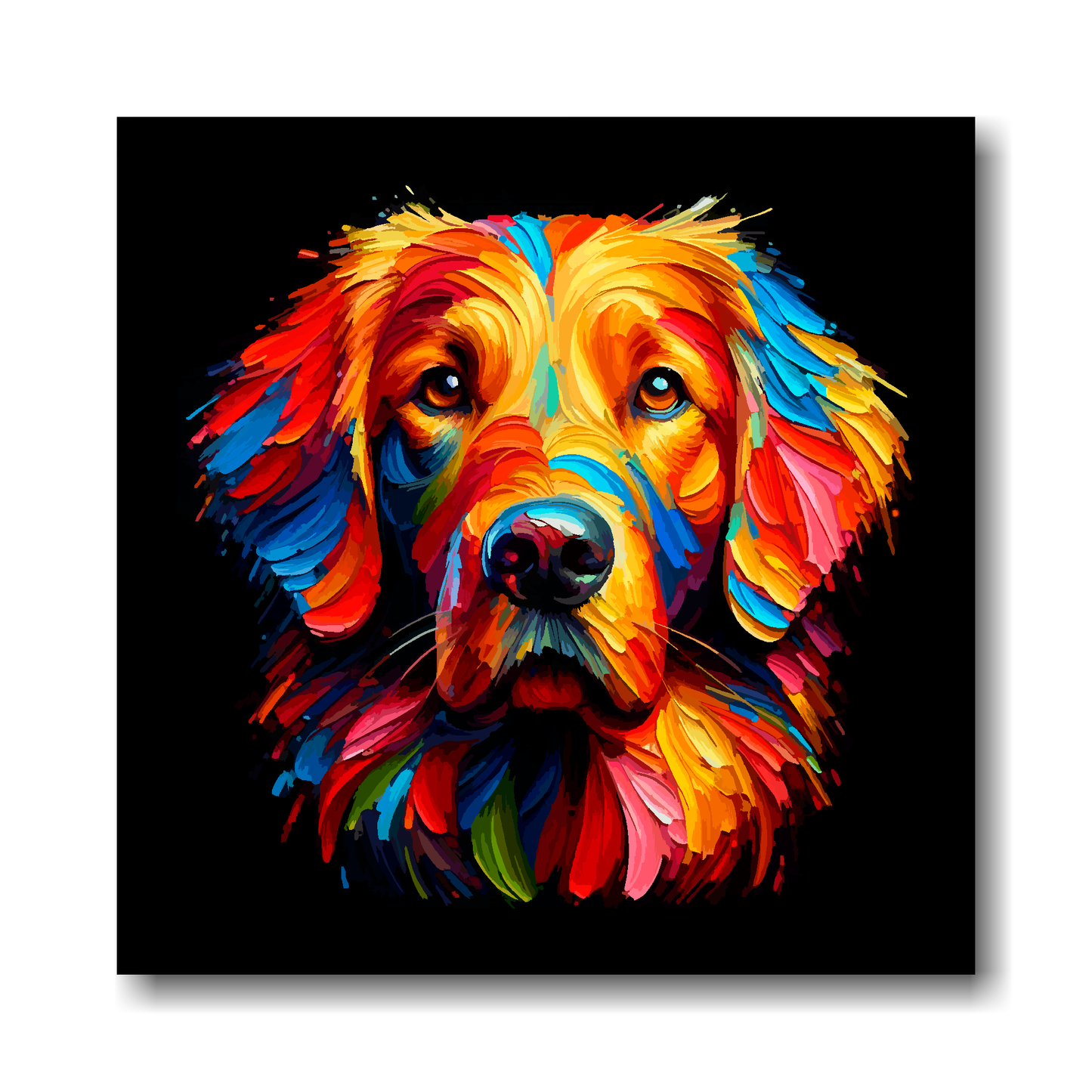 Colourful painting of a Flat Coated Retriever's face on a black background