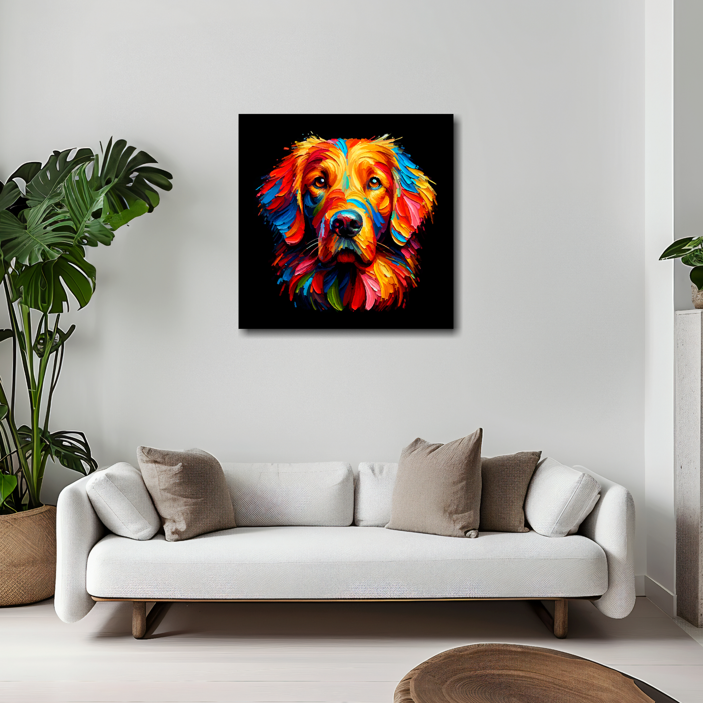 20 inch by 20 inch square canvas featuring a multi-coloured Flat Coated Retriever dog portrait. Mounted on a white wall above a white sofa with decorative pillows.