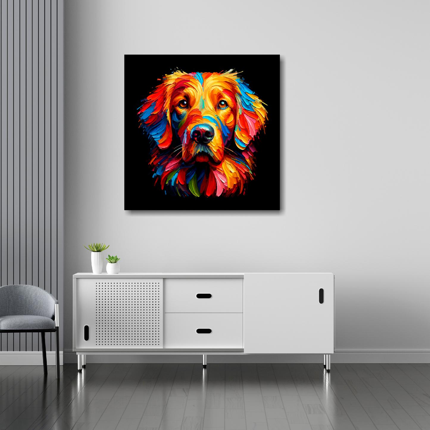 30 inch by 30 inch square canvas featuring a multi-coloured Flat Coated Retriever dog portrait. Mounted on a white wall above a white sideboard.