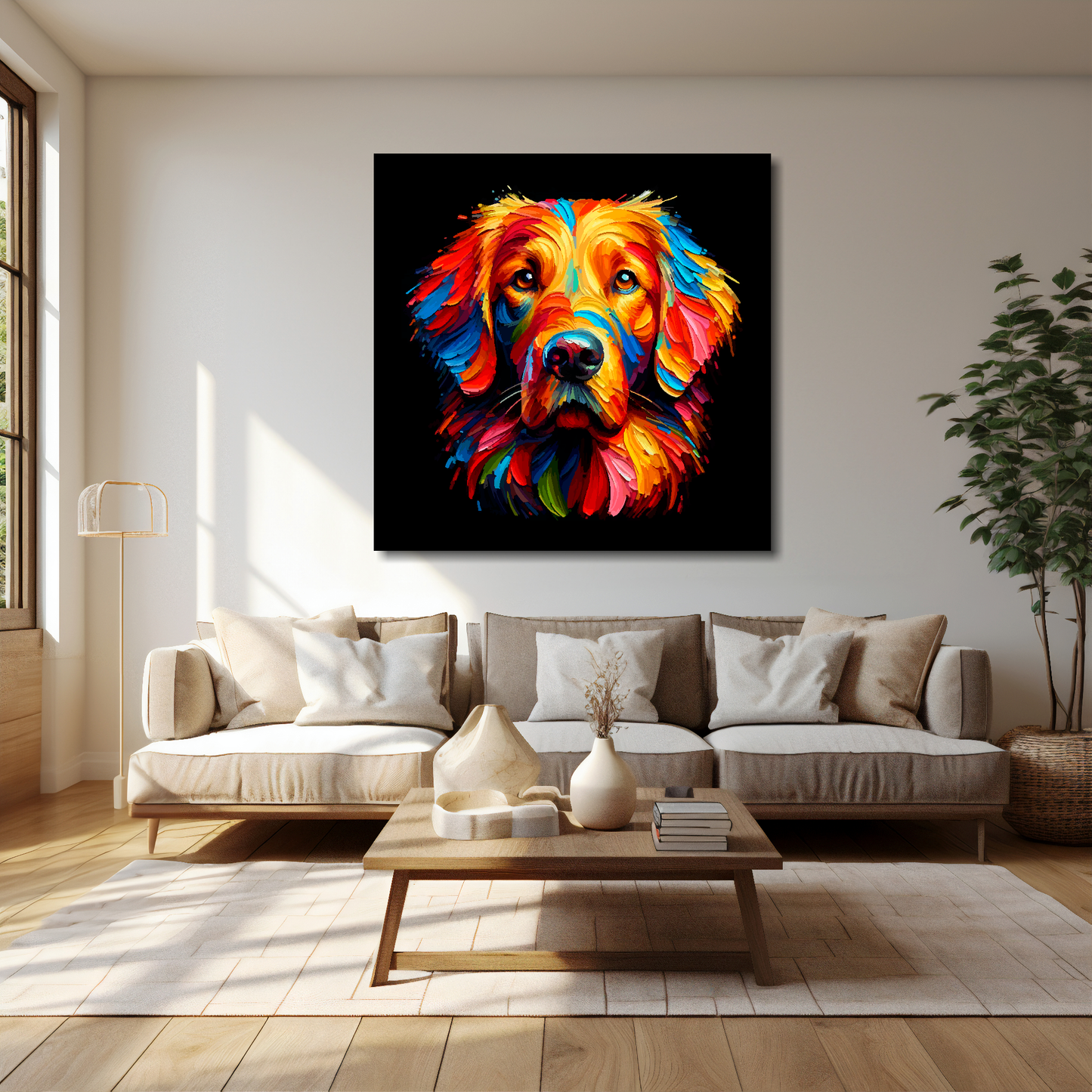 40 inch by 40 inch square canvas featuring a multi-coloured Flat Coated Retriever dog portrait. Mounted on a cream wall above a cream sofa with decorative pillows.