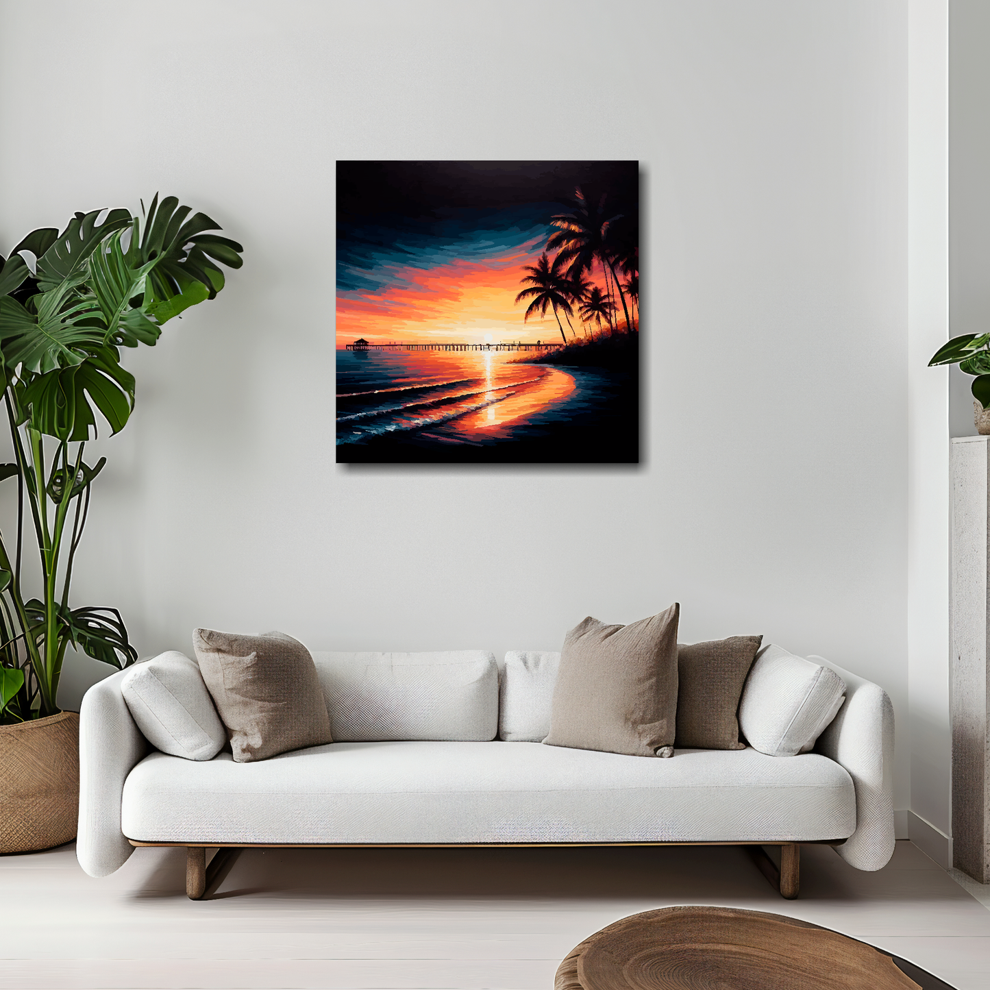 20 inch by 20 inch square canvas featuring a vibrant florida sunset seascape. Mounted on a white wall above a white sofa with decorative pillows.
