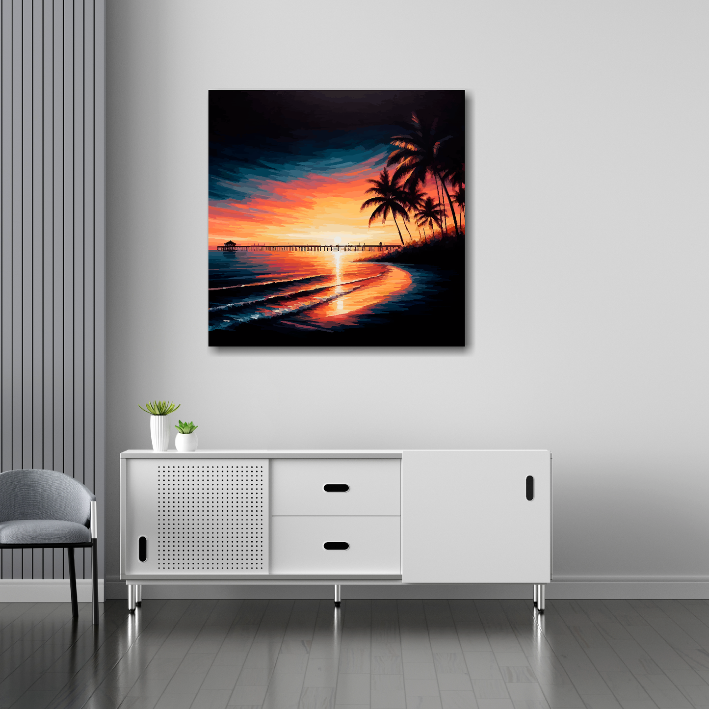 30 inch by 30 inch square canvas featuring a vibrant florida sunset seascape. Mounted on a white wall above a white sideboard.