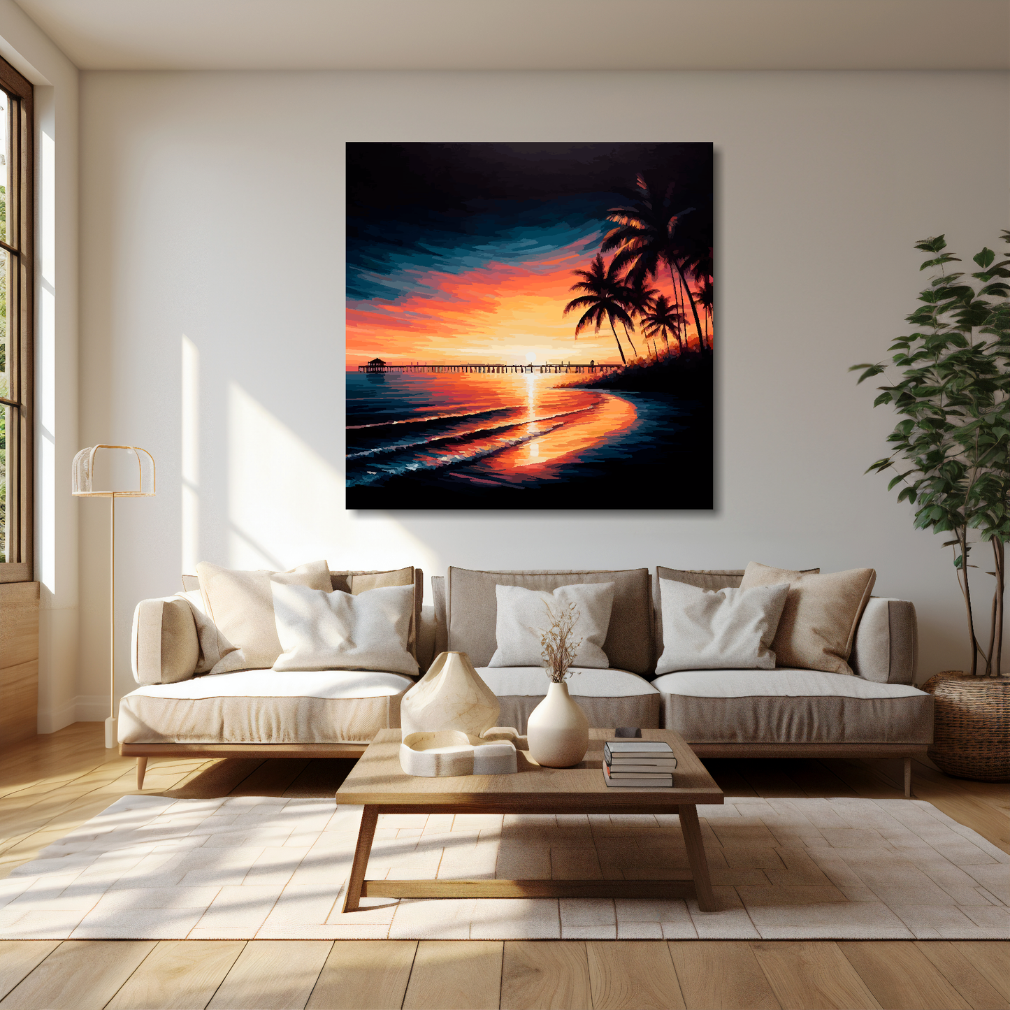 40 inch by 40 inch square canvas featuring a vibrant florida sunset seascape. Mounted on a cream wall above a cream sofa with decorative pillows.