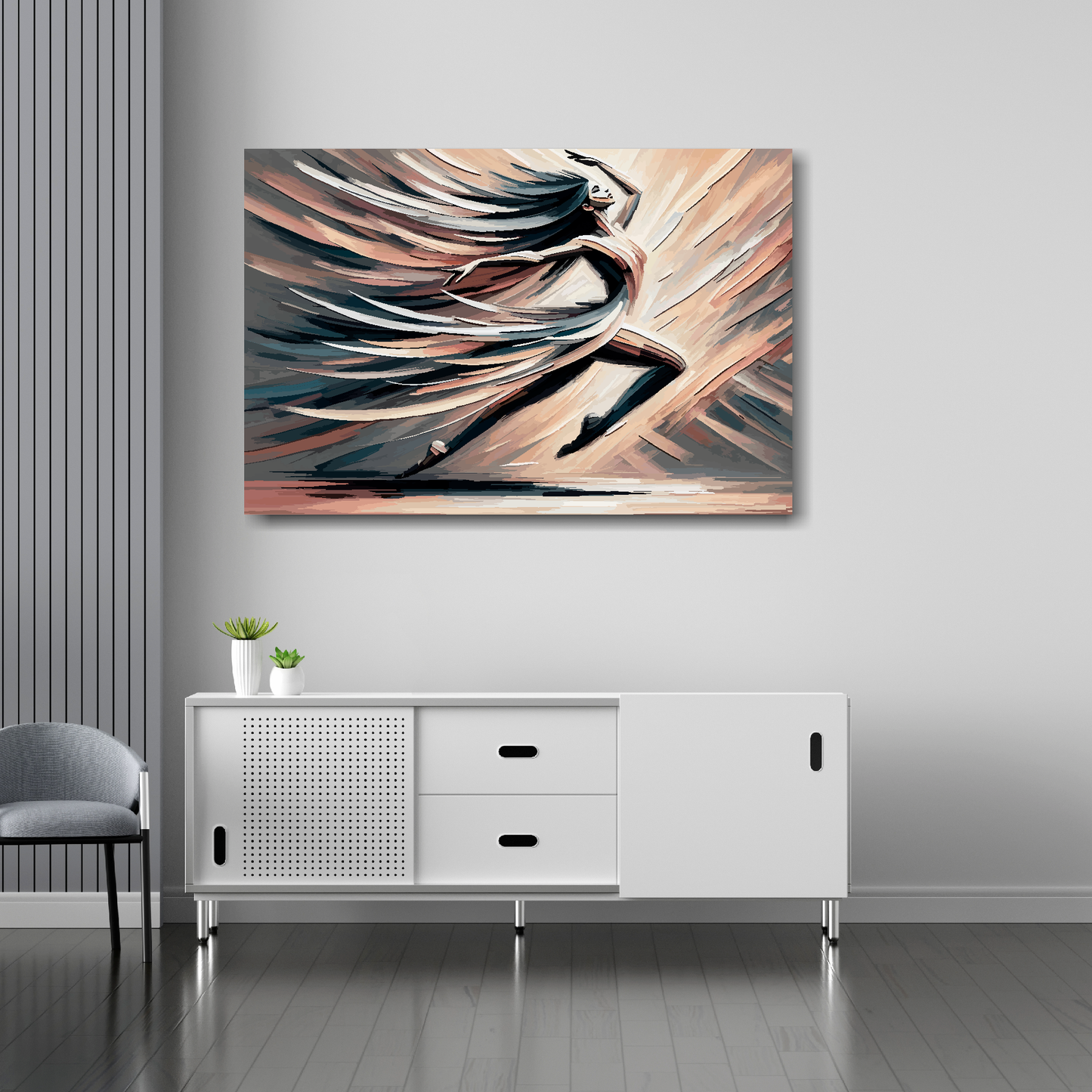 36 inch by 24 inch abstract canvas print of a woman dancing. Mounted on a white wall above a white sideboard.
