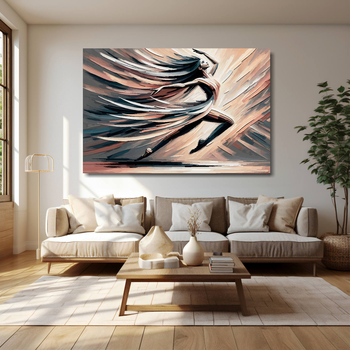 60 inch by 40 inch abstract canvas print of a woman dancing. Mounted on a cream wall above a cream sofa with decorative pillows.