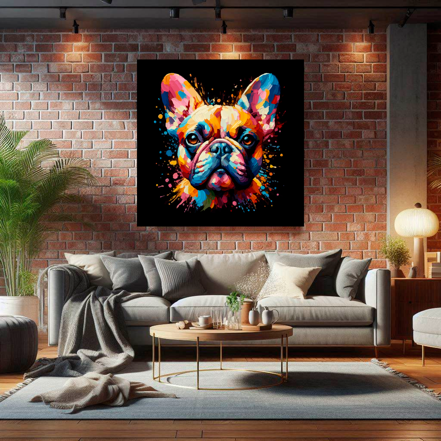 Large canvas wall art - A vibrant multi-coloured head portrait of a French Bulldog. Available in 3 large sizes.