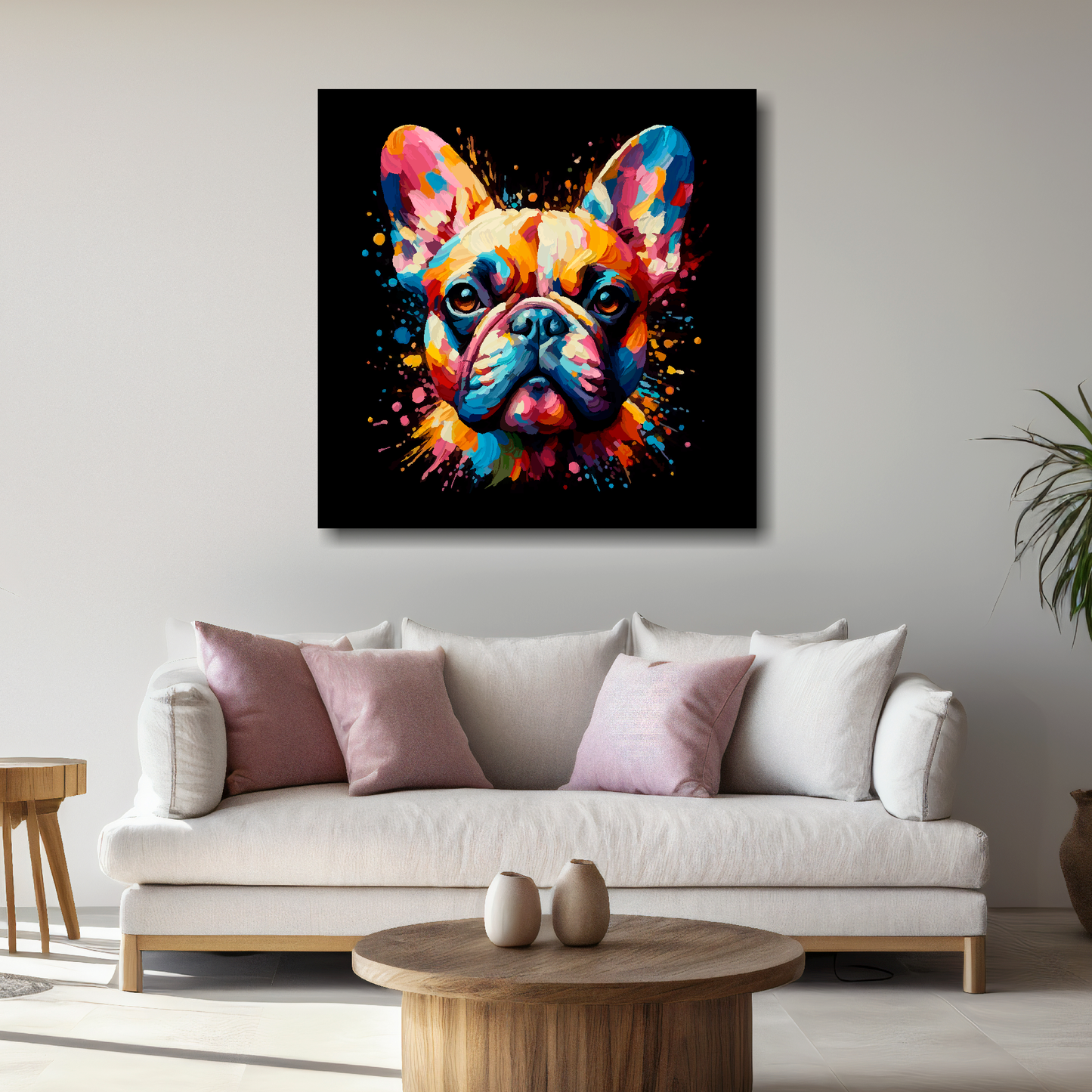 Large canvas wall art - A vibrant multi-coloured head portrait of a French Bulldog. Available in 3 large sizes.