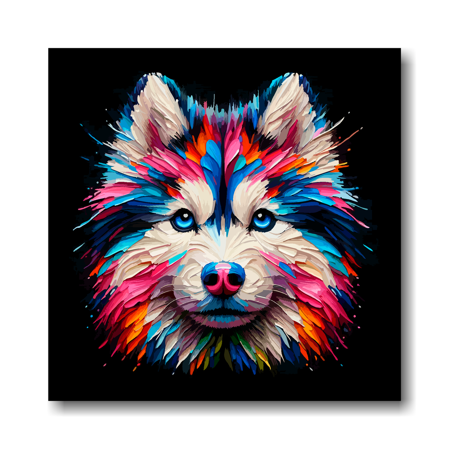 Colourful abstract painting of a Gerberian Husky dog's face on a black background.