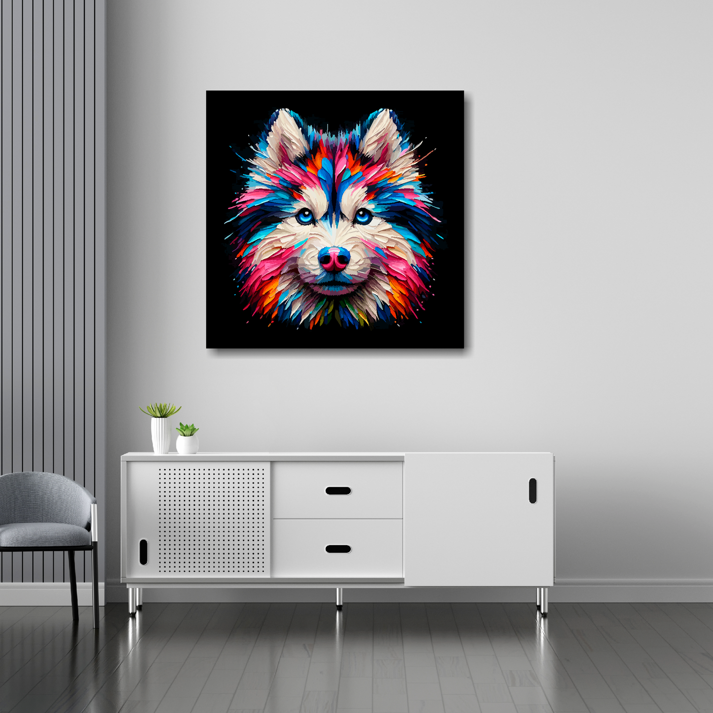 30 inch by 30 inch canvas print featuring a multi-coloured Gerberian Husky dog portrait. Mounted on a white wall above a white sideboard.