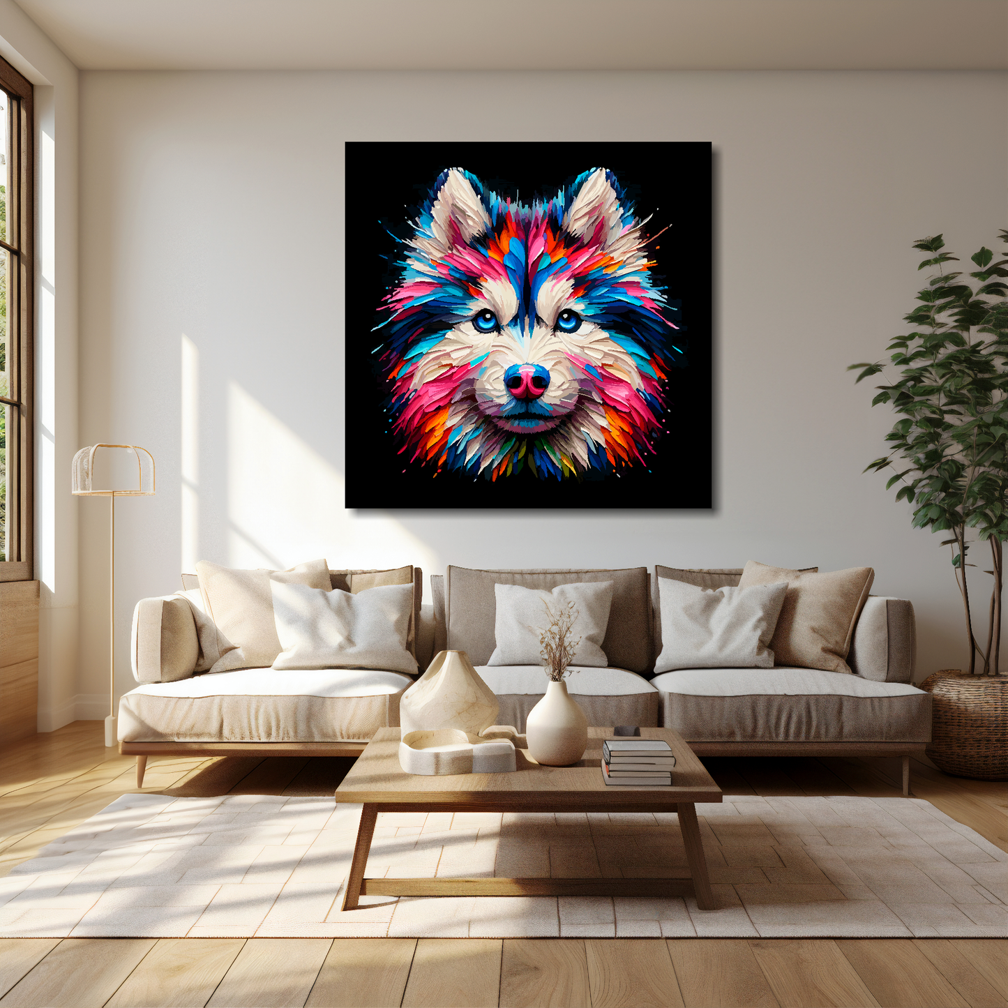 40 inch by 40 inch canvas print featuring a multi-coloured Gerberian Husky dog portrait. Mounted on a cream wall above a cream sofa with decorative pillows.