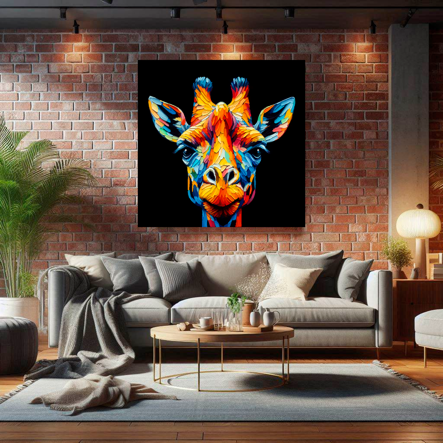 Large canvas wall art - A vibrant multi-coloured head portrait of a Giraffe. Available in 3 large sizes.
