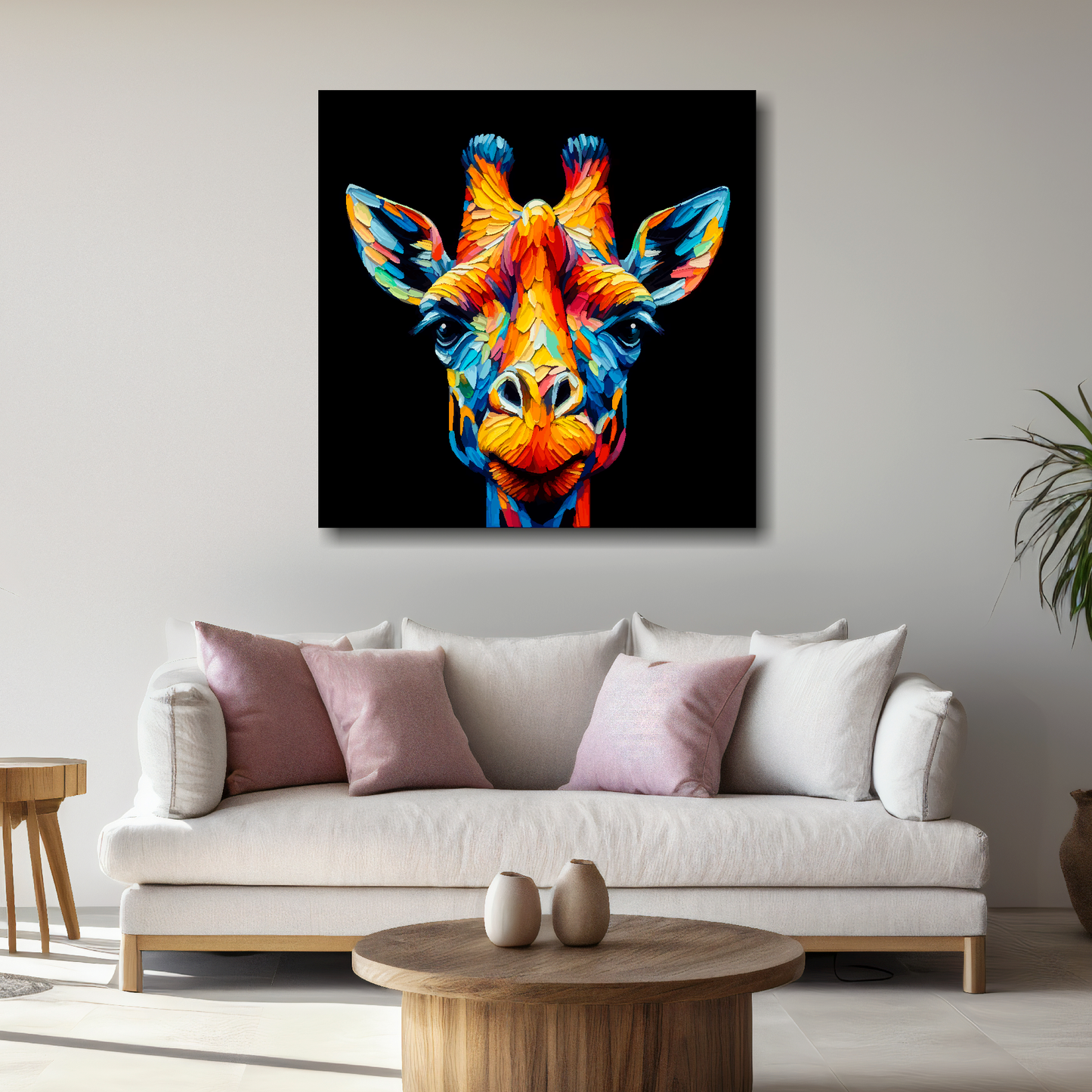 Large canvas wall art - A vibrant multi-coloured head portrait of a Giraffe. Available in 3 large sizes.