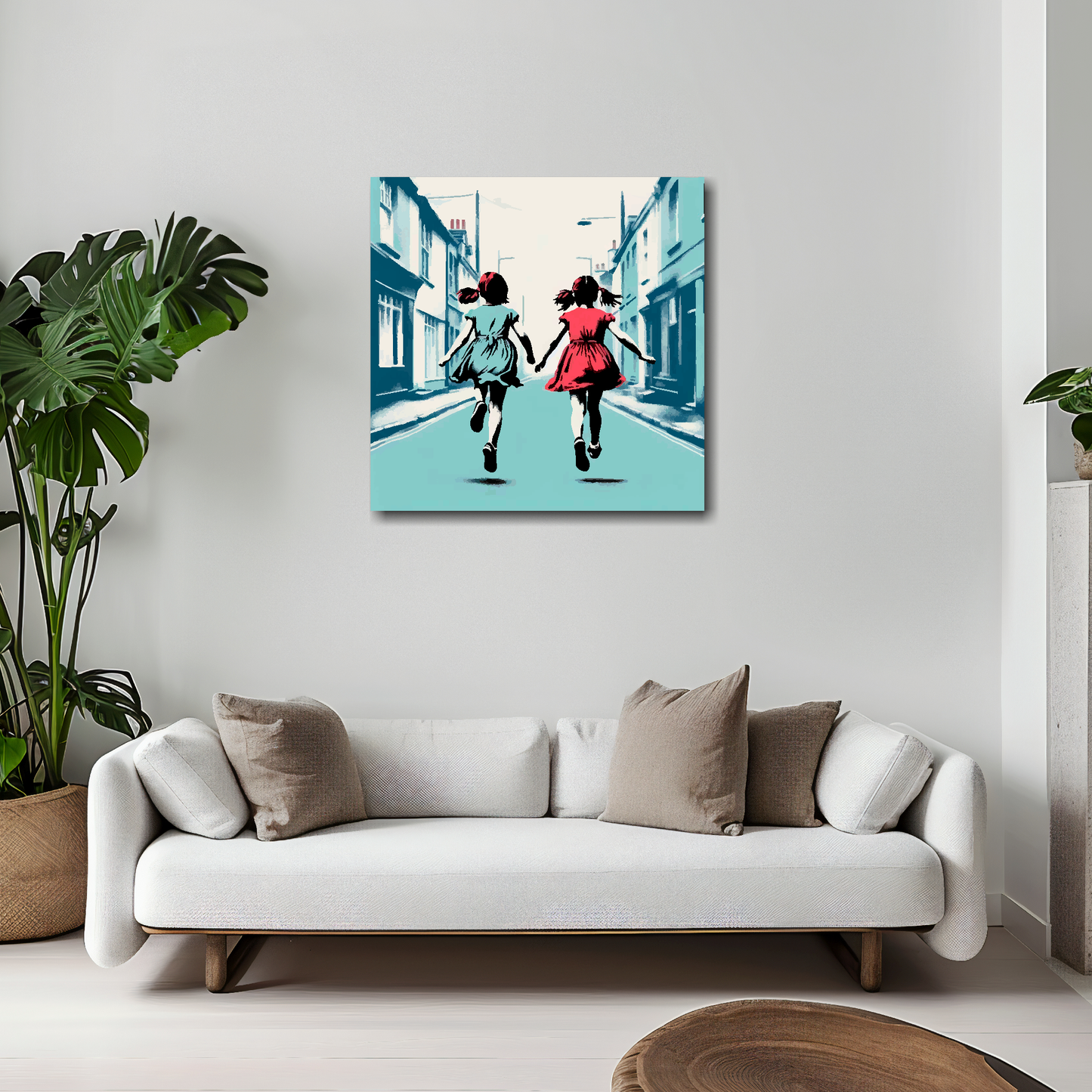20 inch by 20 inch square canvas featuring a two girl best friends running in the street. Mounted on a white wall above a white sofa with decorative pillows.