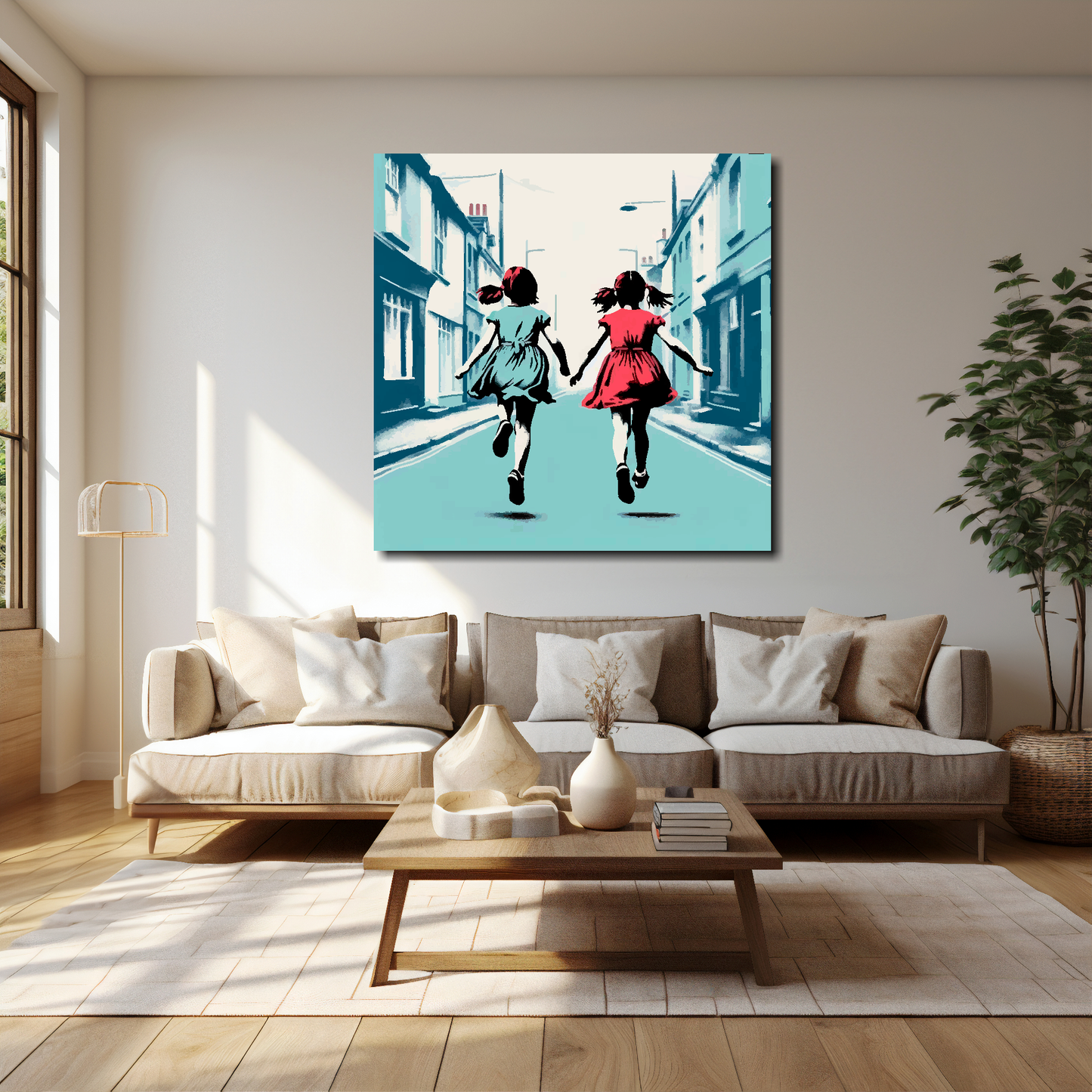 40 inch by 40 inch square canvas featuring a two girl best friends running in the street. Mounted on a cream wall above a cream sofa with decorative pillows.