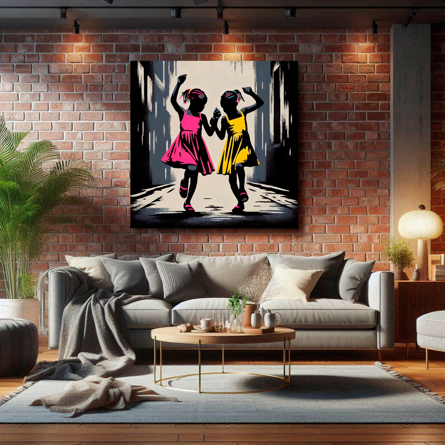 Large canvas wall art - A retro friendship painting of two young African girls dancng in the street. Available in 3 large sizes.