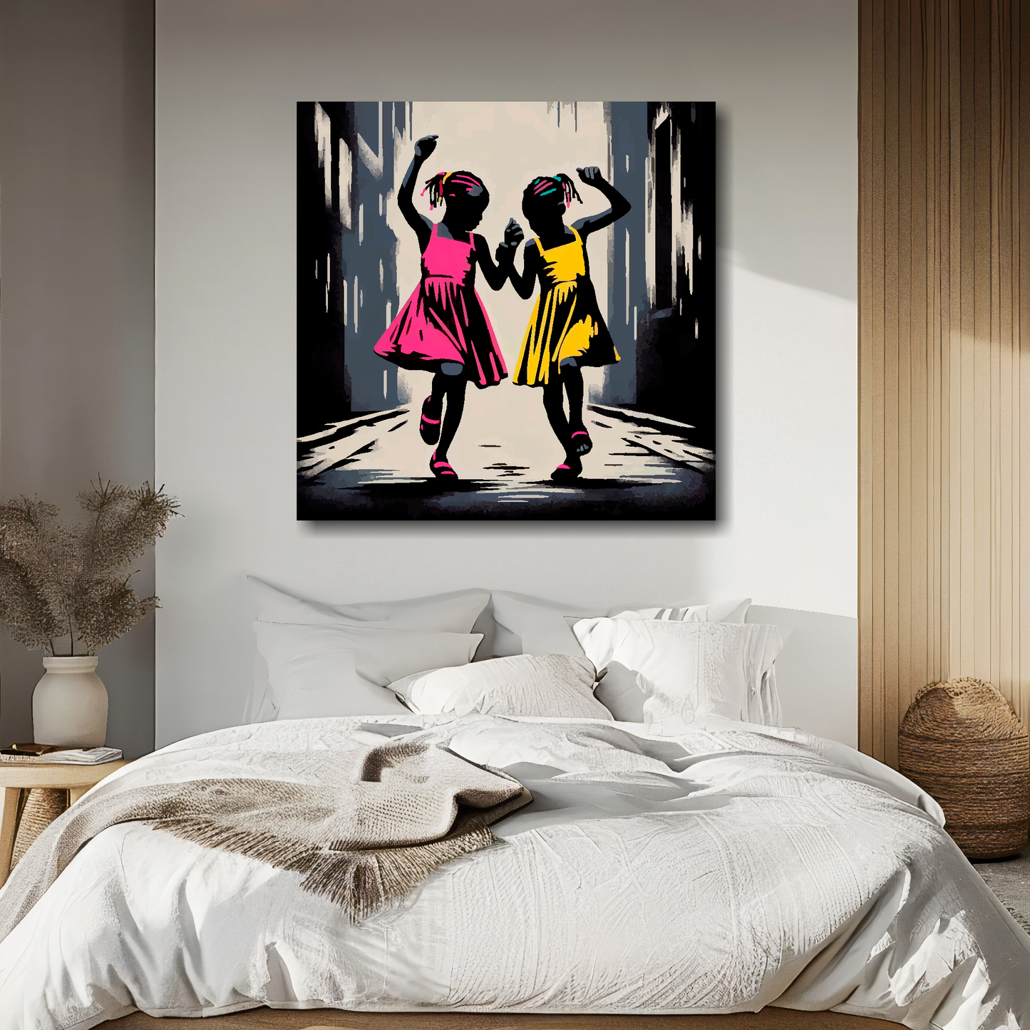 Large canvas wall art - A retro friendship painting of two young African girls dancng in the street. Available in 3 large sizes.
