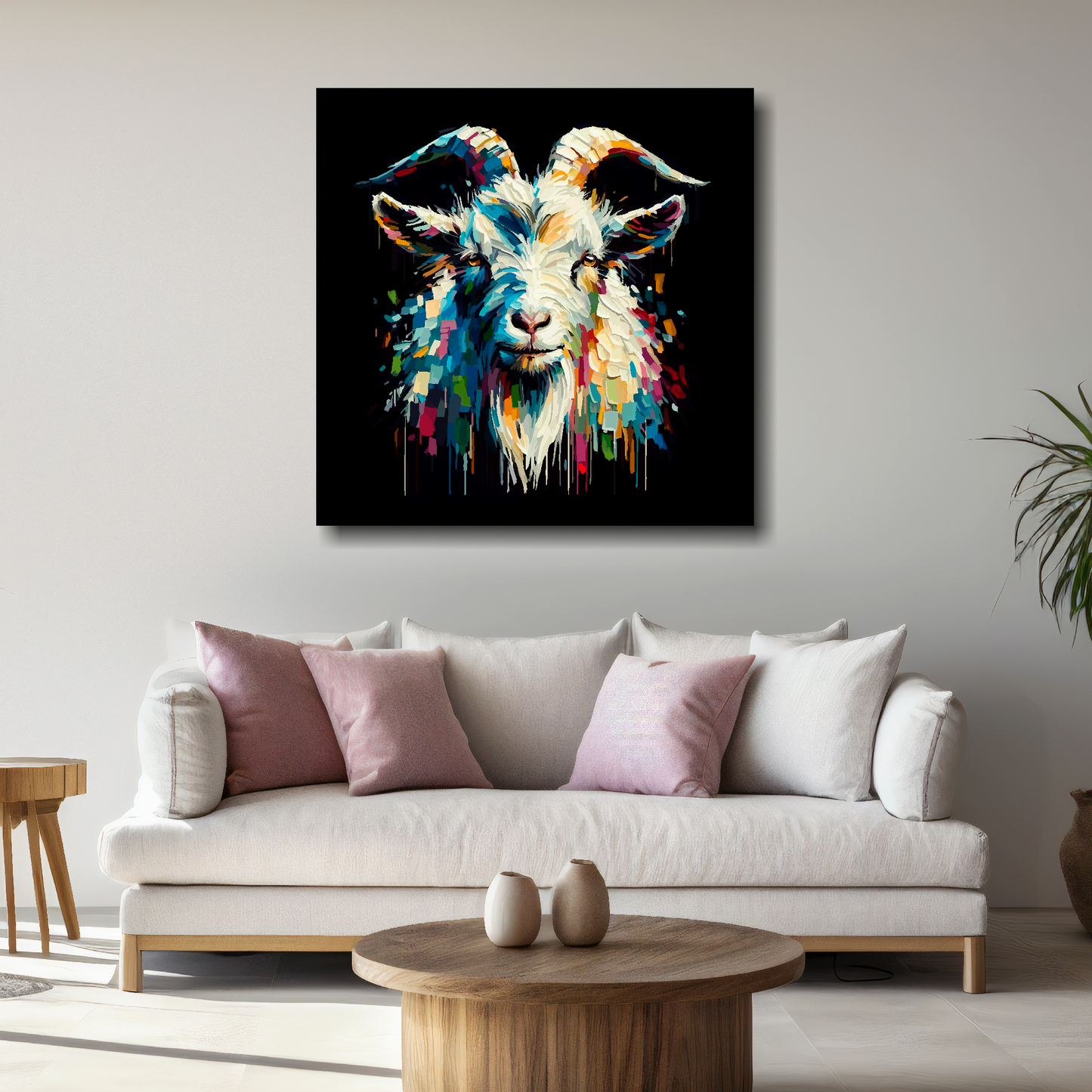 Large canvas wall art - Colourful Goat portrait on a black background. Available in 3 large sizes.
