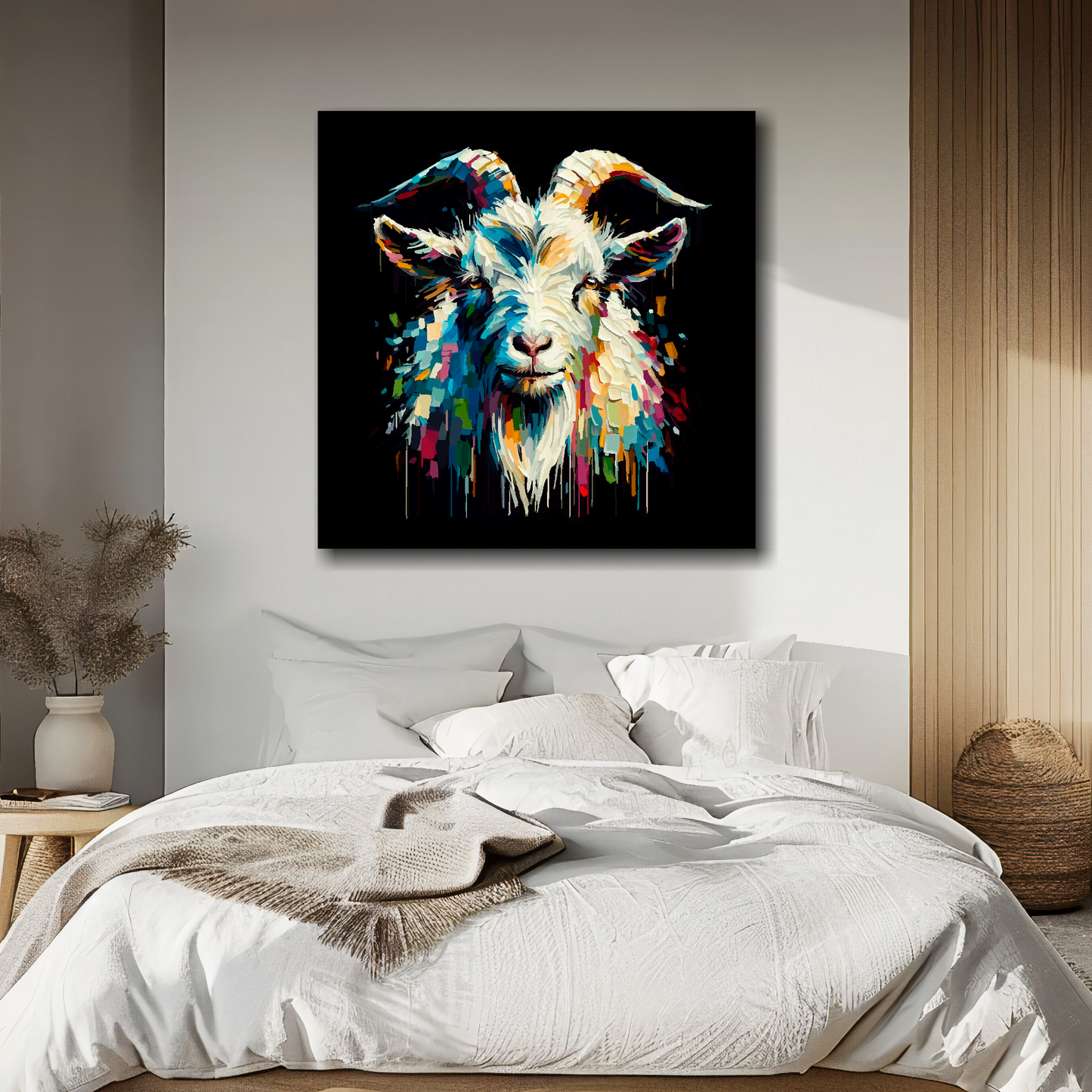 Large canvas wall art - Colourful Goat portrait on a black background. Available in 3 large sizes.