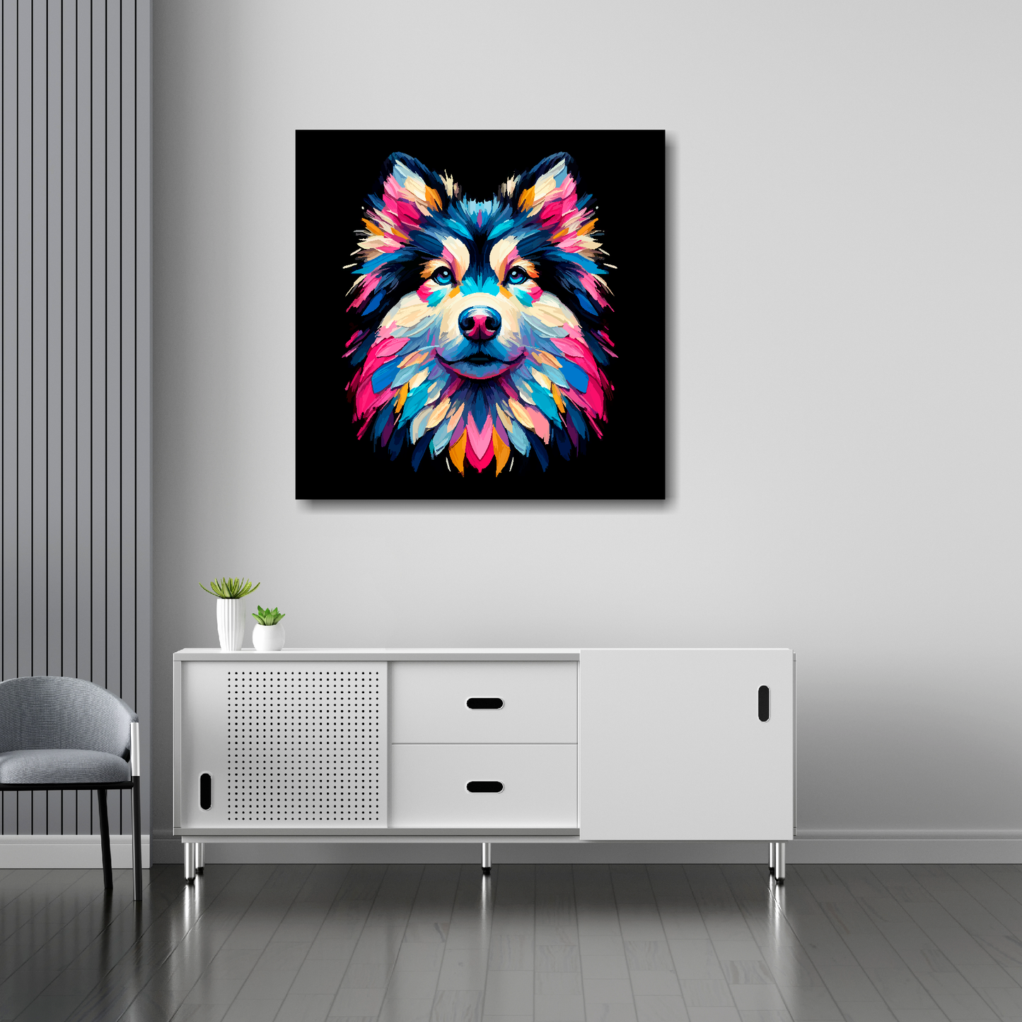 30 inch by 30 inch canvas print featuring a multi-coloured Goberian dog portrait. Mounted on a white wall above a white sideboard.