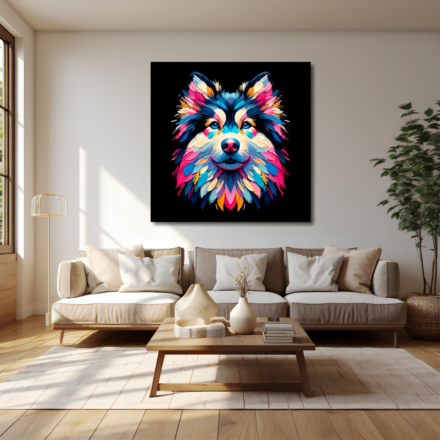 40 inch by 40 inch canvas print featuring a multi-coloured Goberian dog portrait. Mounted on a cream wall above a cream sofa with decorative pillows.