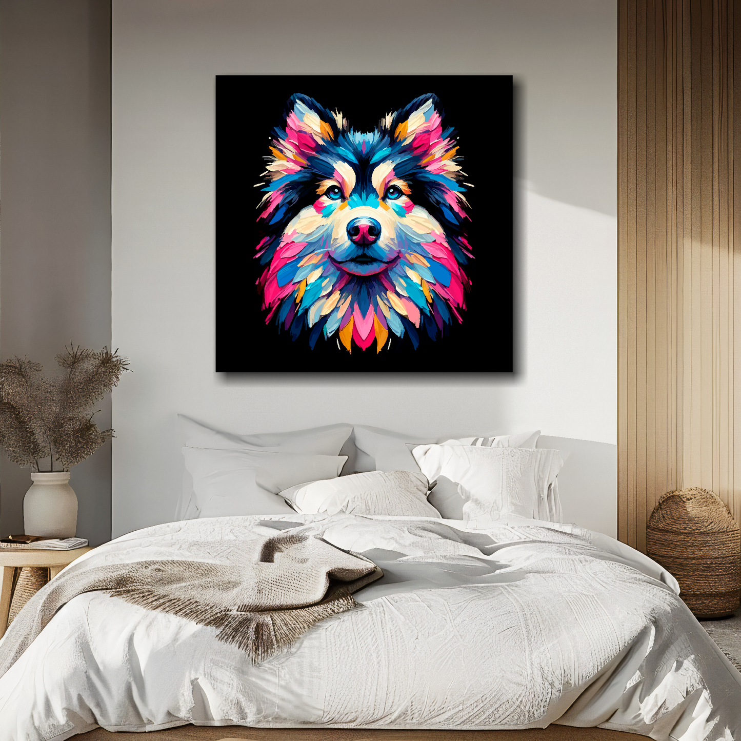 Canvas print featuring a multi-coloured Goberian dog portrait. Mounted on a white wall above a double bed.