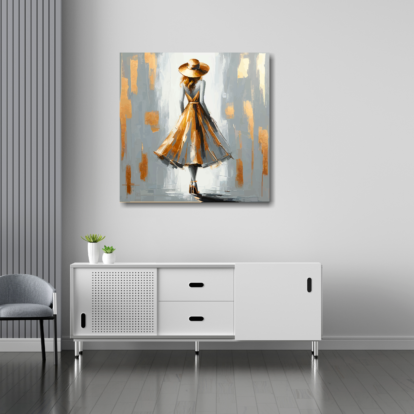 30 inch by 30 inch square canvas featuring a grey and gold fashion dress. Mounted on a white wall above a white sideboard.