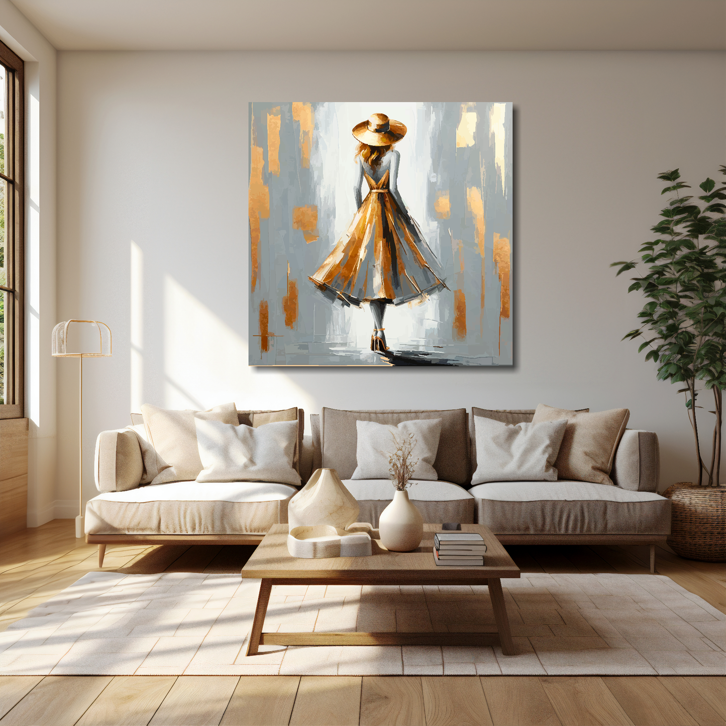 40 inch by 40 inch square canvas featuring a grey and gold fashion dress. Mounted on a cream wall above a cream sofa with decorative pillows.