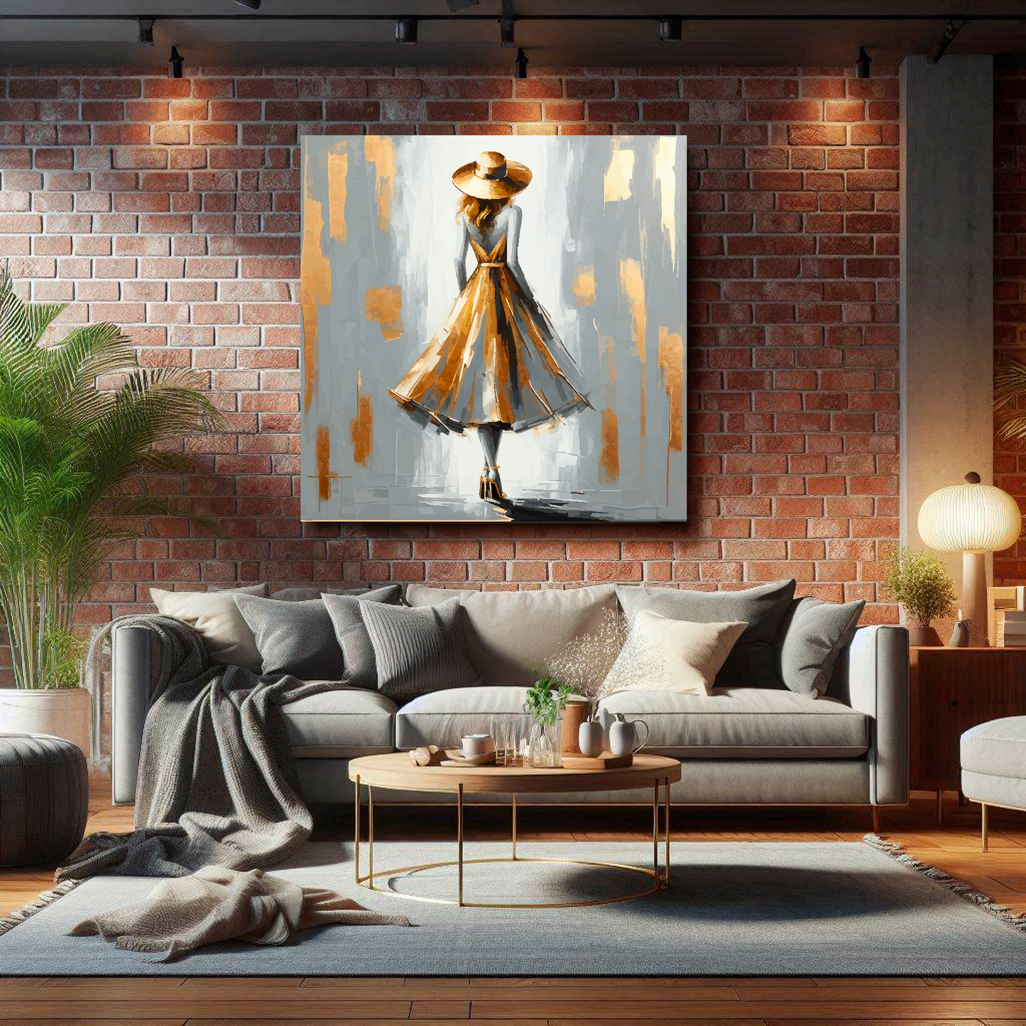 Large canvas wall art - A vibrant fashion dress in greys and golds. Available in 3 large sizes.