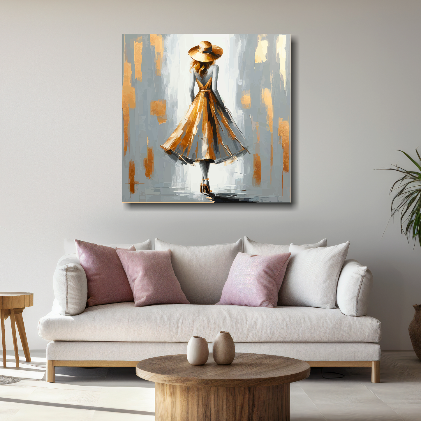 Large canvas wall art - A vibrant fashion dress in greys and golds. Available in 3 large sizes.