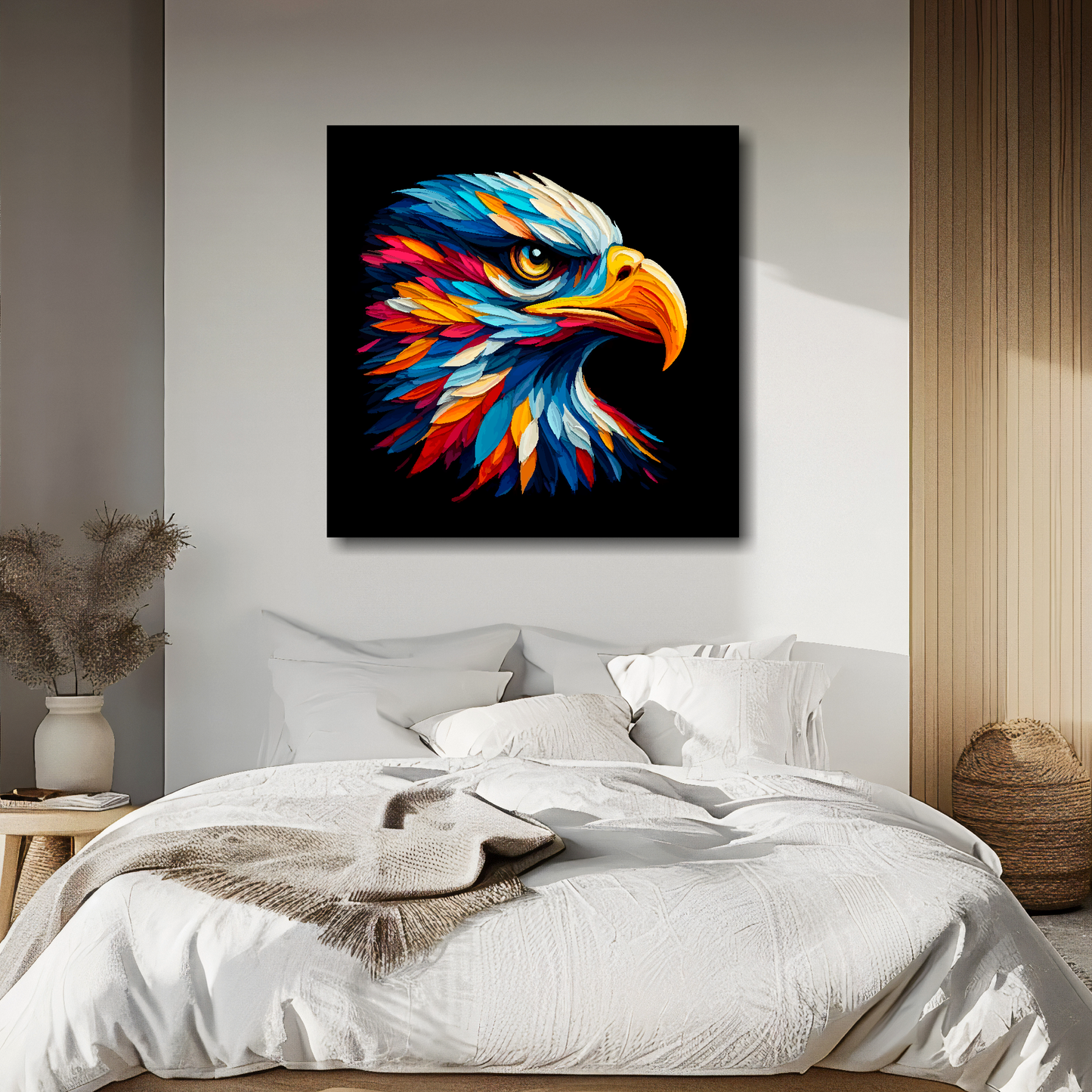 Large canvas wall art - A vibrant multi-coloured head portrait of a Golden Eagle. Available in 3 large sizes.