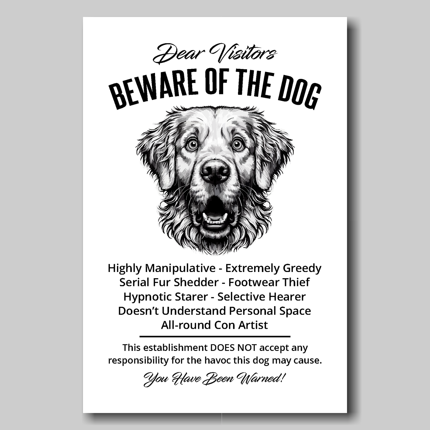 A funny Golden Retriever 'Beware of the Dog' disclaimer notice. Black text and dog image on a white background. Available in 4 Canvas sizes. A great gift for dog owners.