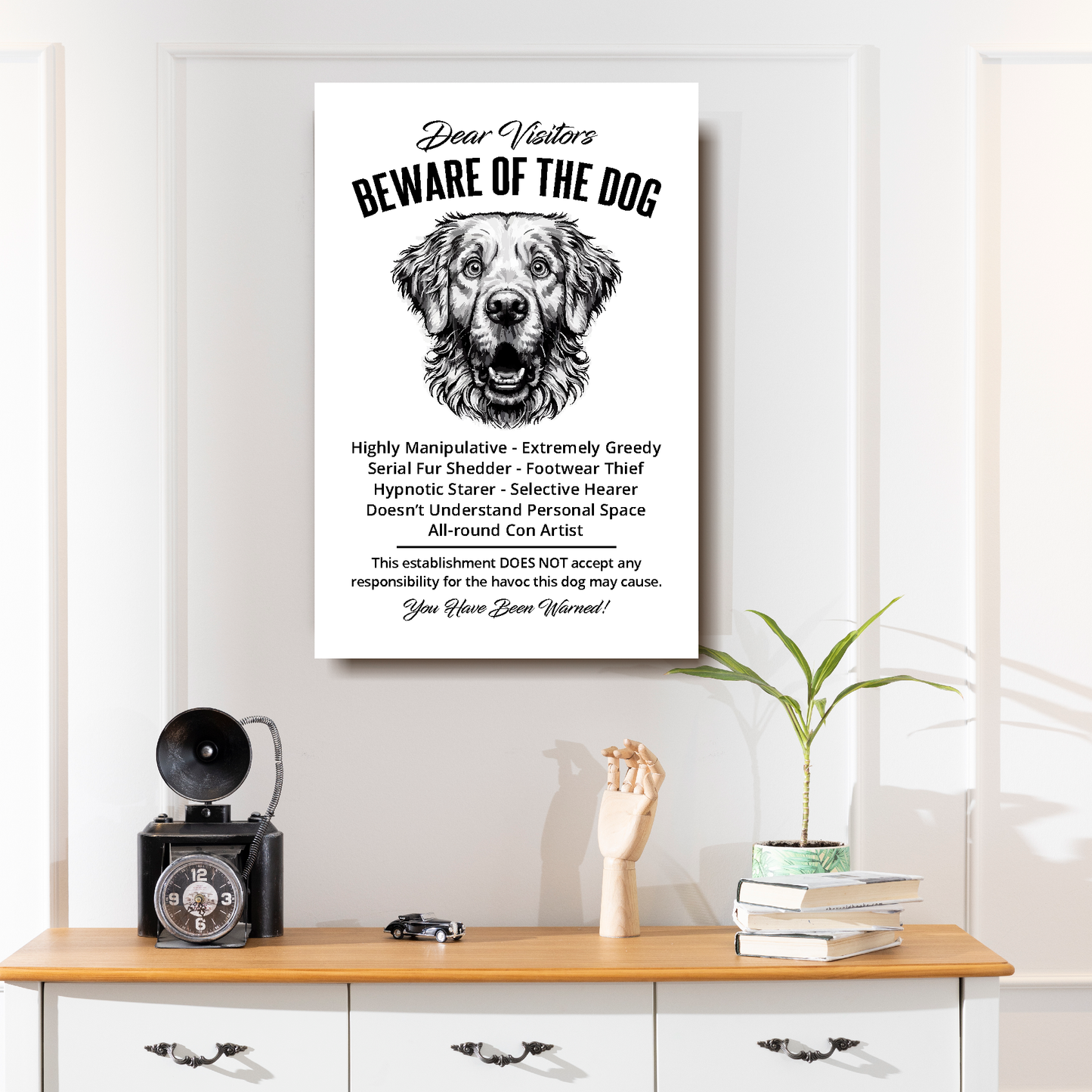A funny Golden Retriever 'Beware of the Dog' disclaimer notice. Black text and dog image on a white background. Available in 4 Canvas sizes. A great gift for dog owners.