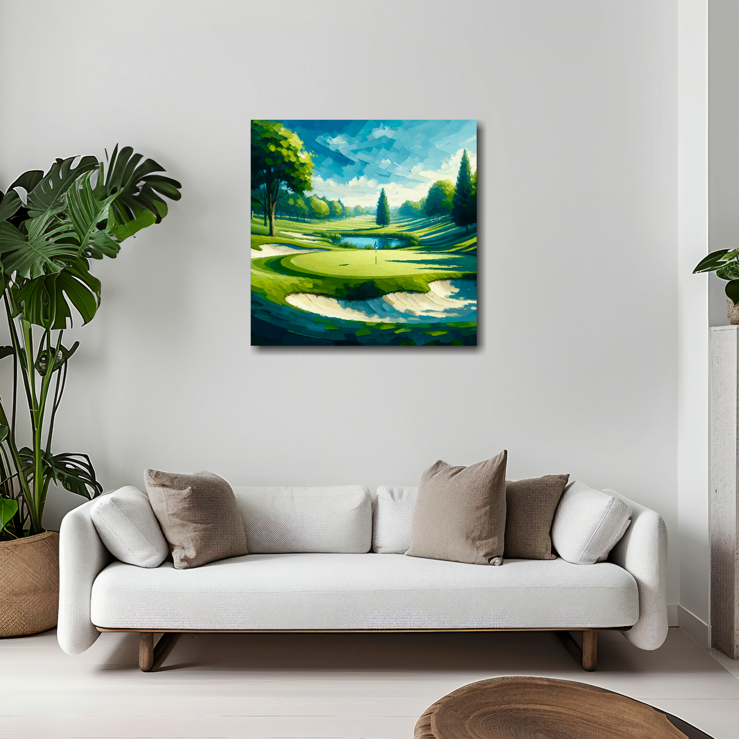 20 inch by 20 inch square canvas featuring an abstract golf course landscape. Mounted on a white wall above a white sofa with decorative pillows.