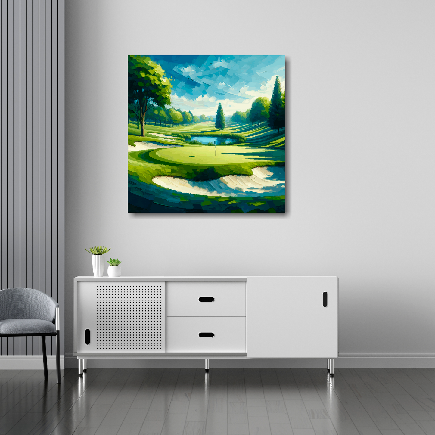 30 inch by 30 inch square canvas featuring an abstract golf course landscape. Mounted on a white wall above a white sideboard.