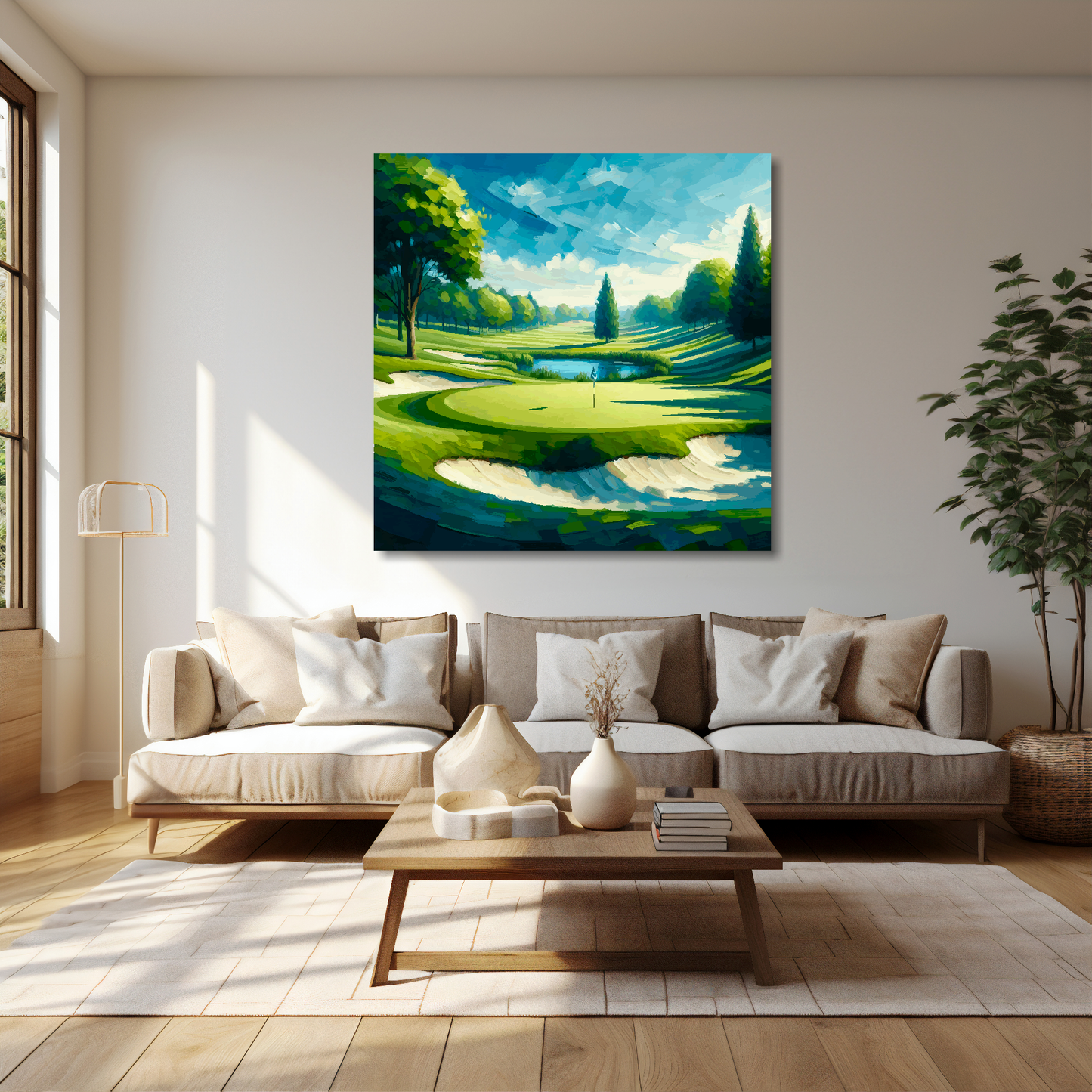 40 inch by 40 inch square canvas featuring an abstract golf course landscape. Mounted on a cream wall above a cream sofa with decorative pillows.