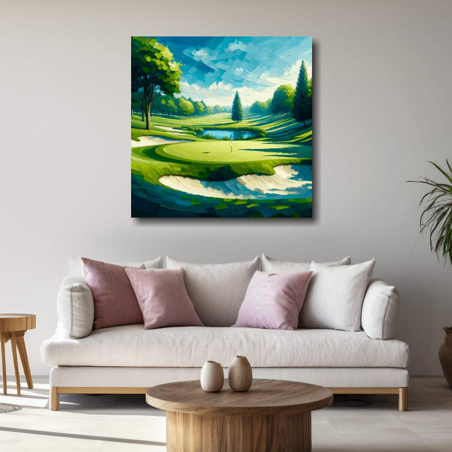 Square XL canvas featuring an abstract golf course landscape. Mounted on a white wall above a white sofa with decorative pillows.