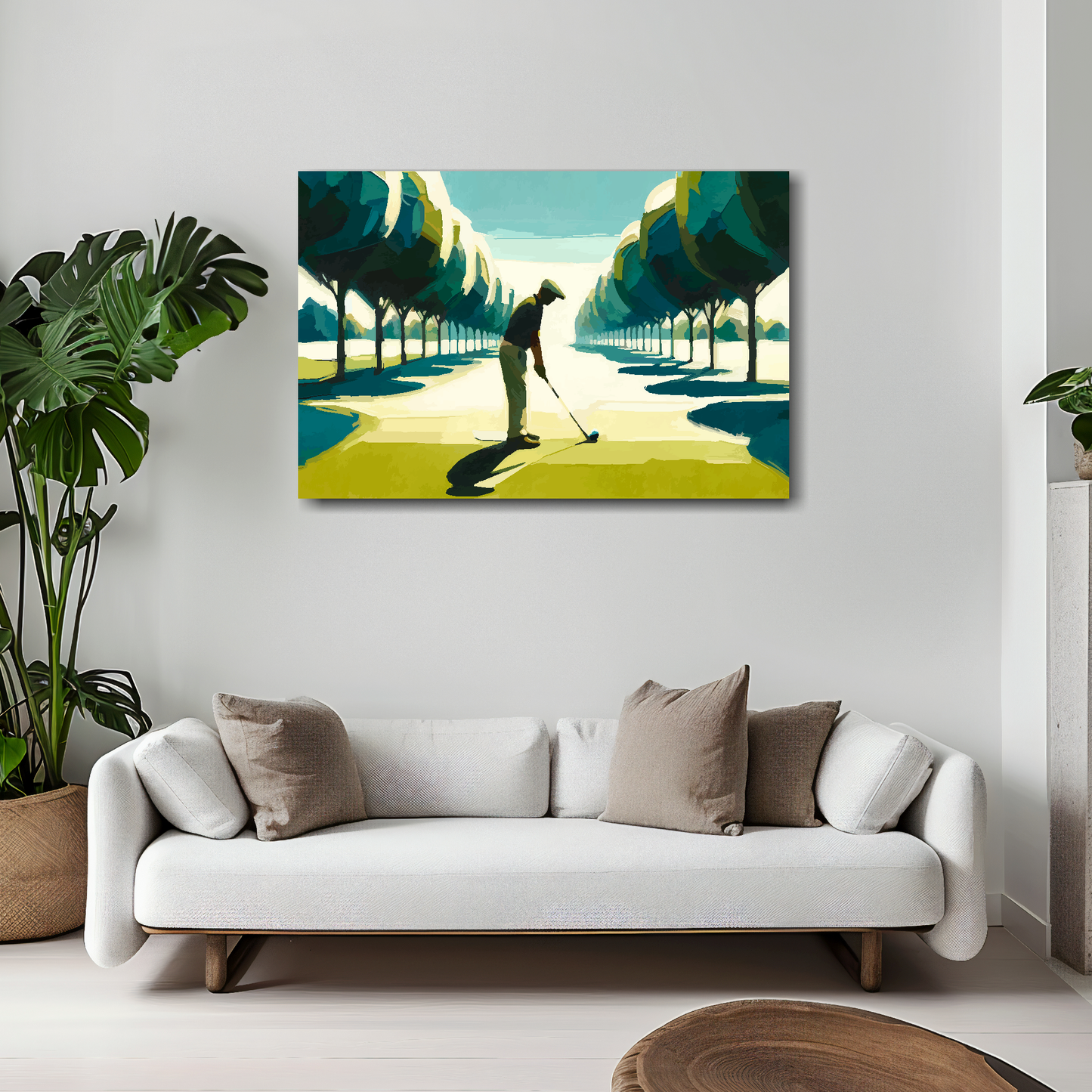 30 inch by 20 inch abstract canvas print of a man playing golf. Mounted on a white wall above a white sofa with decorative pillows.