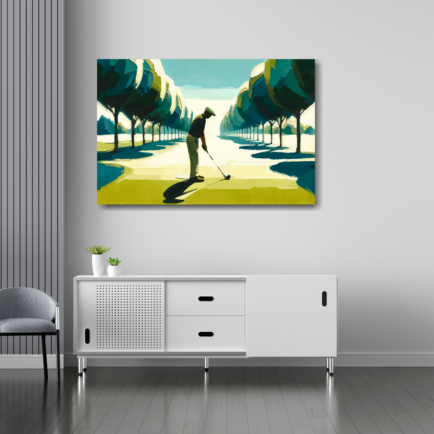 36 inch by 24 inch abstract canvas print of a man playing golf. Mounted on a white wall above a white sideboard.