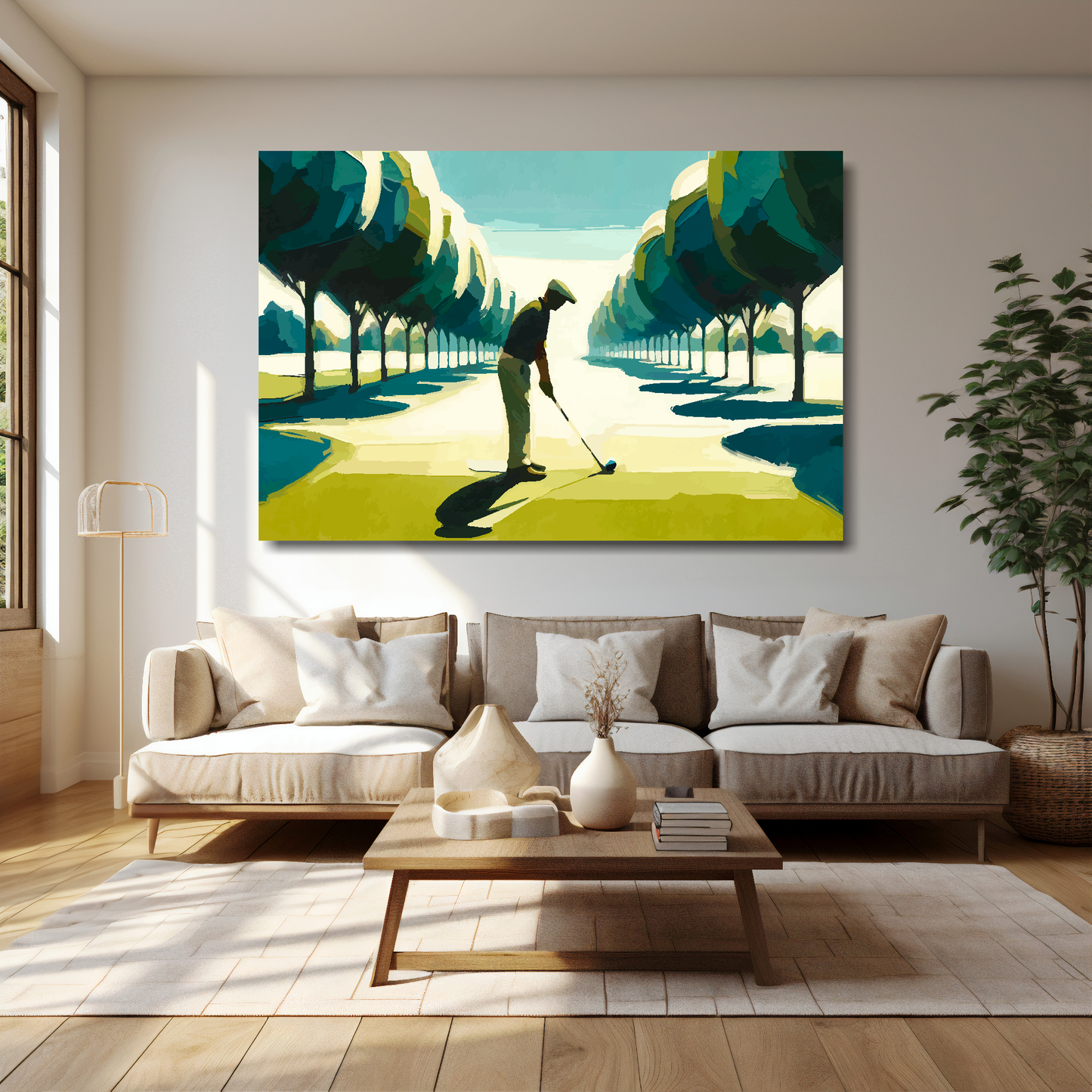 60 inch by 40 inch abstract canvas print of a man playing golf. Mounted on a cream wall above a cream sofa with decorative pillows.
