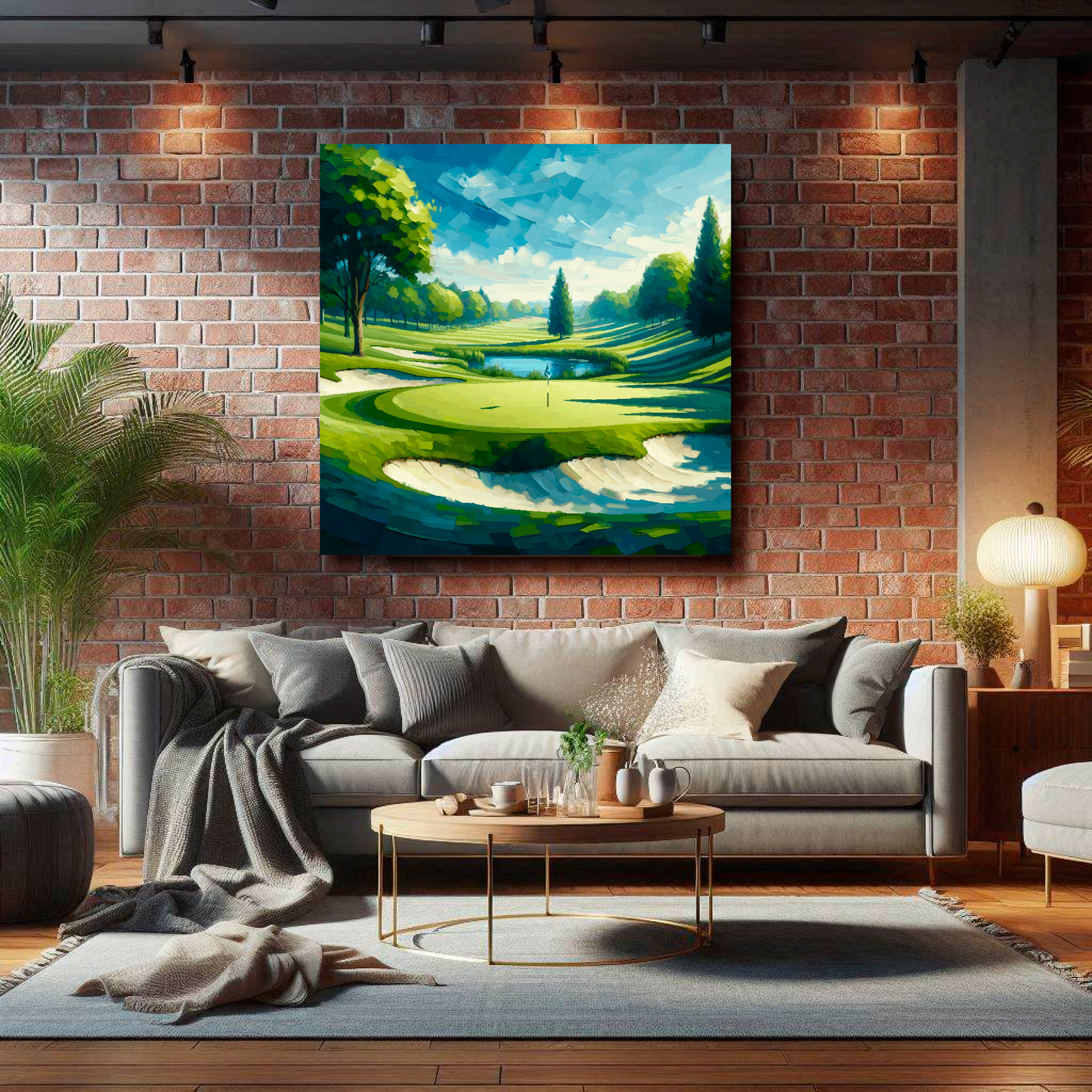 Large square canvas featuring an abstract golf course landscape. Mounted on a brick wall above a grey sofa with decorative pillows.